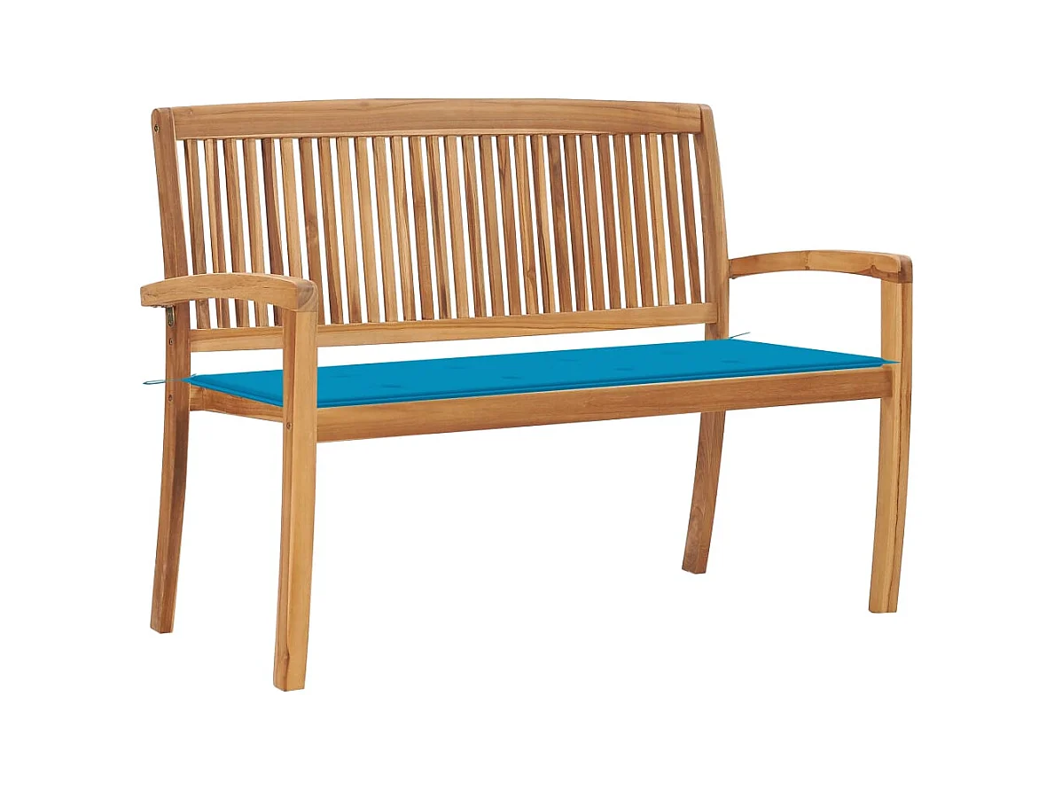 Panca da giardino per esterni mobili da giardino impilabili terrazza e cuscino blu 1285 x 575 ​​x 90 cm legno massello di teak 02_0011671
