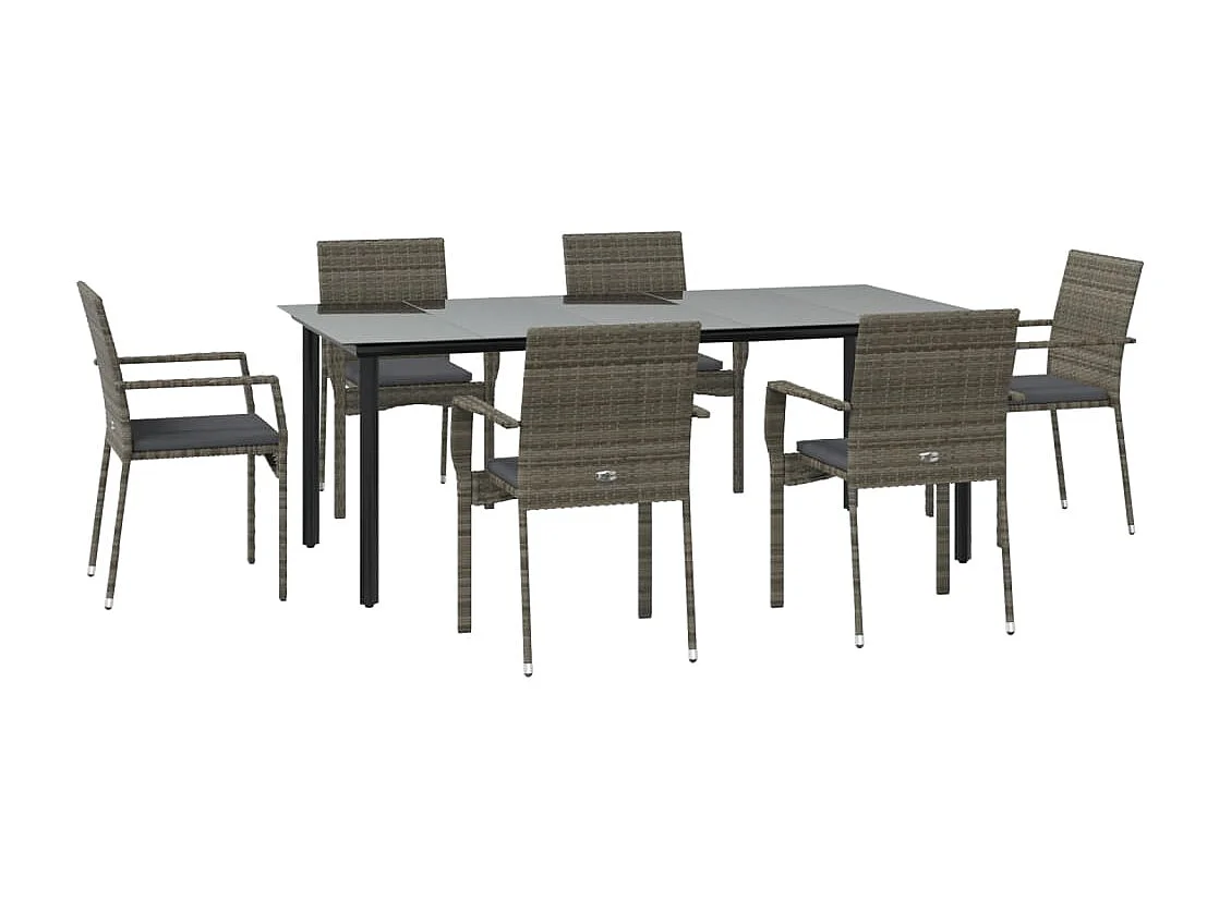 Conjunto de comedor de jardín de 7 piezas de ratán negro y gris con cojines 02_0014907