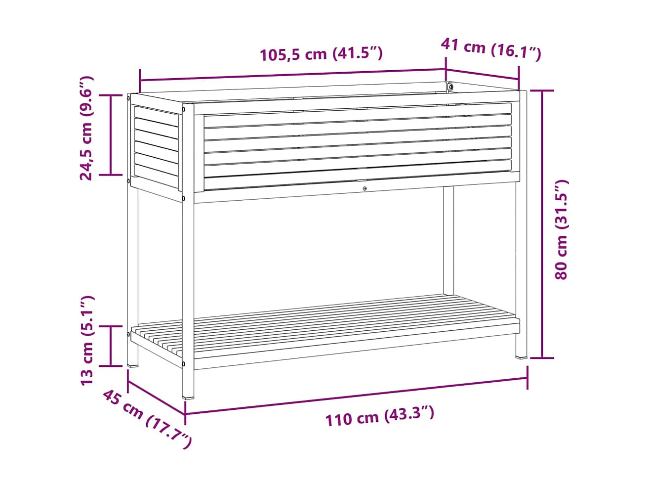 Fioriera rialzata per giardino terrazza e mensola 110 x 45 x 80 cm in legno massello di acacia e acciaio marrone 02_0038611