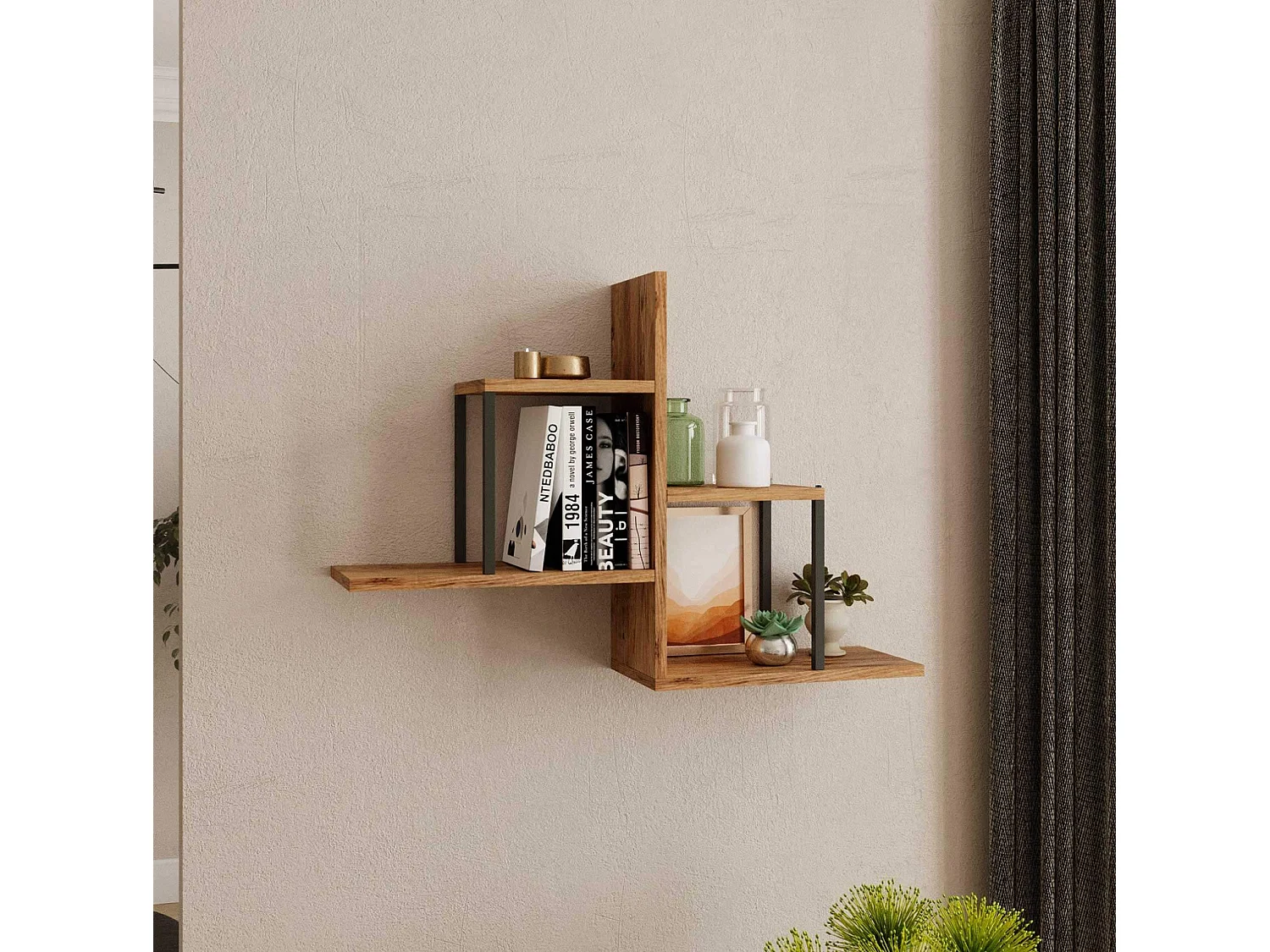 Scaffale da Parete Rebecca Mobili Tamre 62x89x22 Truciolato Ferro Marrone Grigio Scuro Moderno