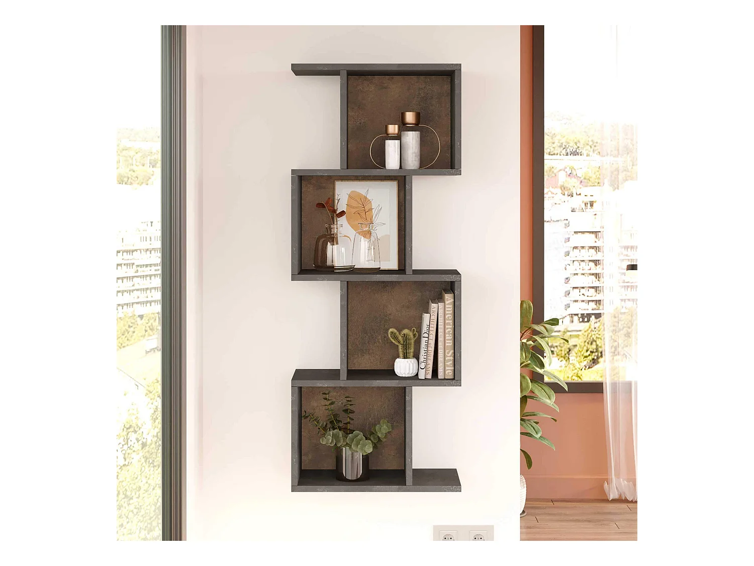 Bibliothèque murale Rebecca Mobili Halleria 125x50x25 Panneau de particules Gris Béton  Moderne