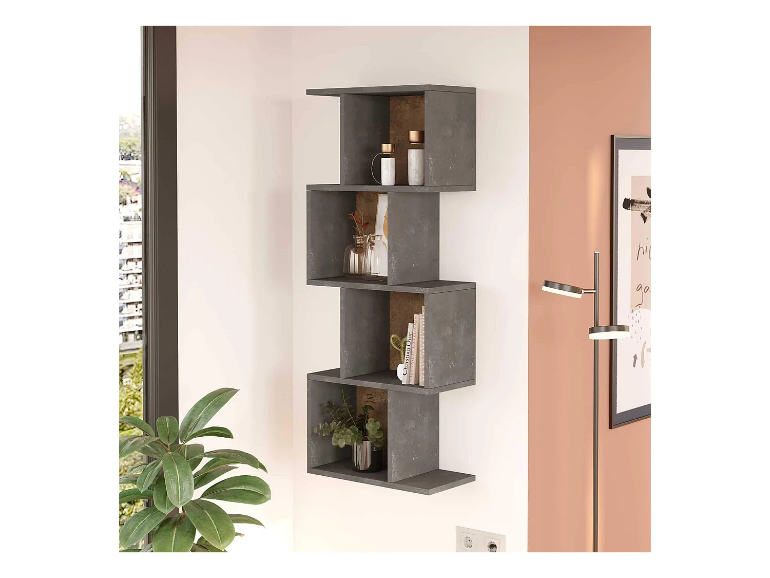 Bibliothèque murale Rebecca Mobili Halleria 125x50x25 Panneau de particules Gris Béton  Moderne