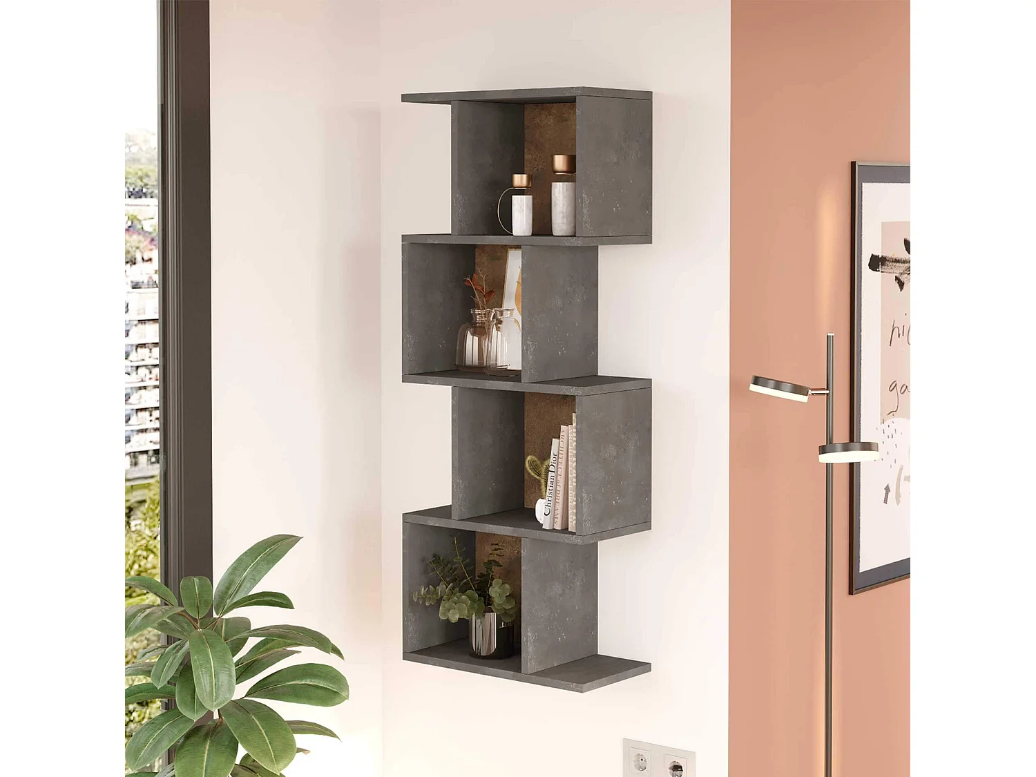 Estantería de Pared Rebecca Mobili Halleria 125x50x25 Tablero de partículas Gris Cemento  Moderno