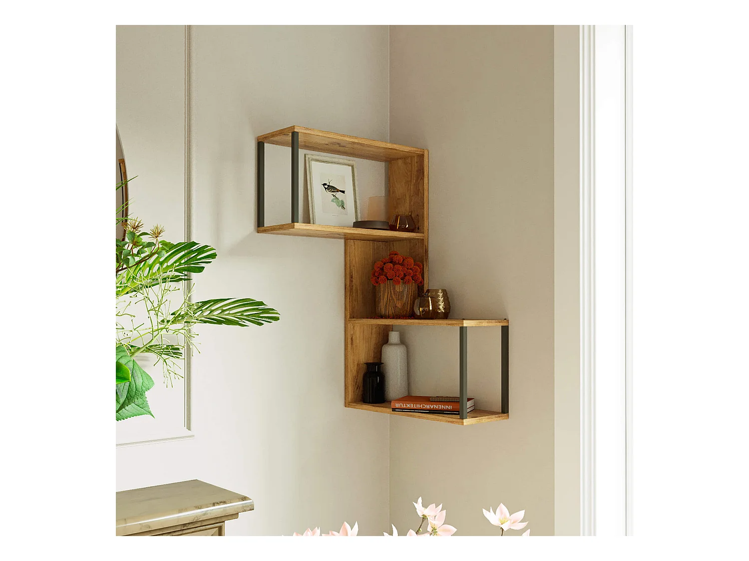 Scaffale da Parete Rebecca Mobili Jepang 85x53,5x19,5 Truciolato Ferro Marrone Grigio Scuro Moderno