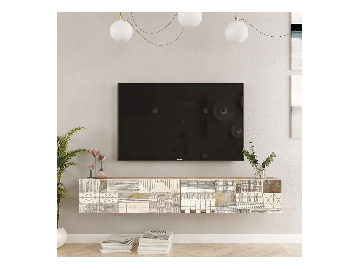 Mobile TV Sospeso Rebecca Mobili Kasuri 29,5x180x31,5 Truciolato Rovere Chiaro Bianco Moderno