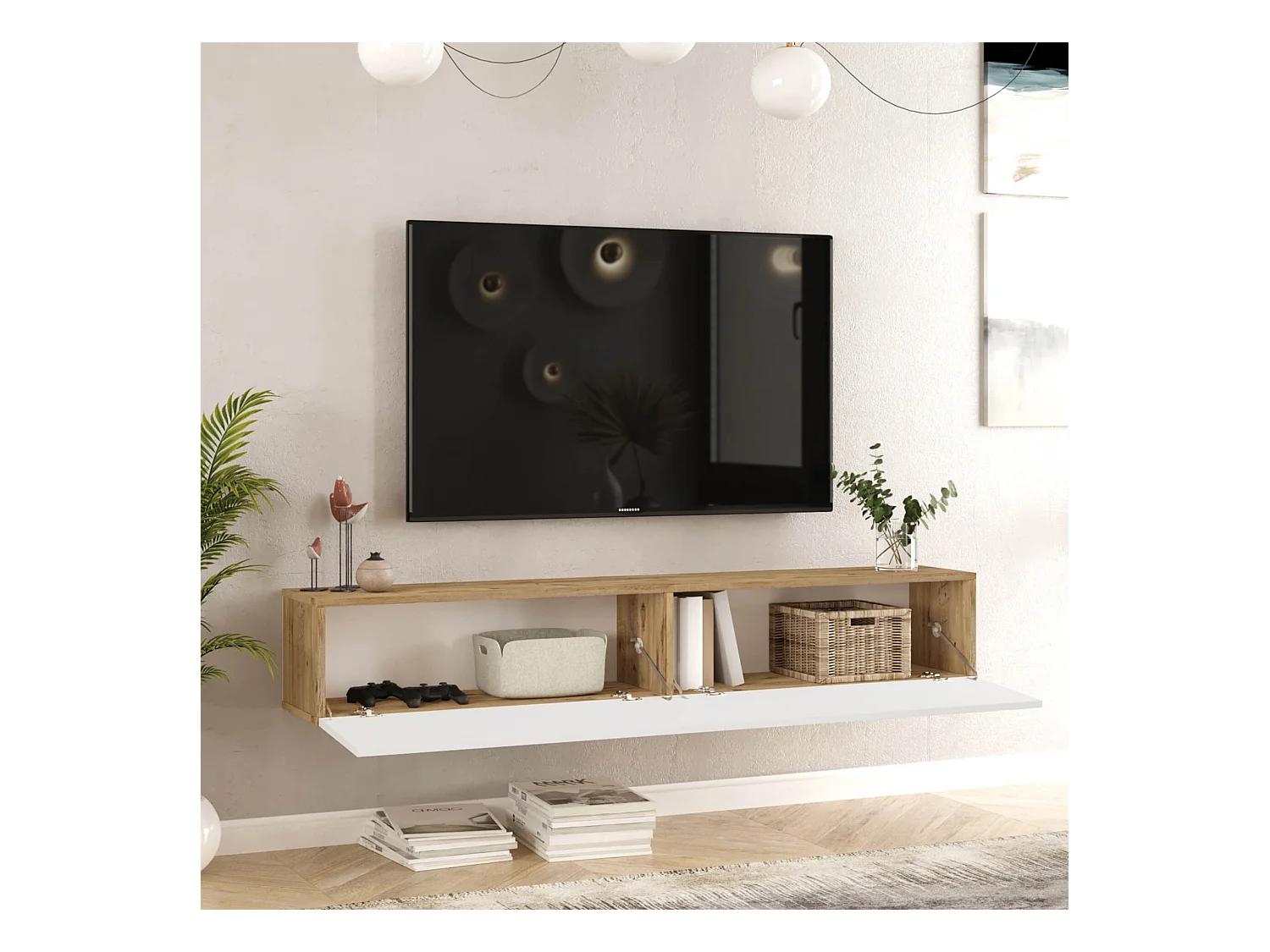 Mobile TV Sospeso Rebecca Mobili Kasuri 29,5x180x31,5 Truciolato Rovere Chiaro Bianco Moderno