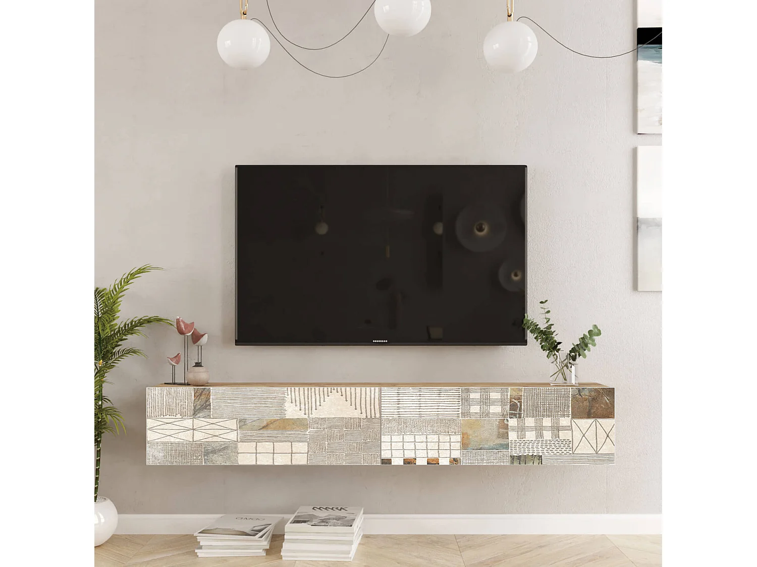 Meuble TV suspendu Rebecca Mobili Kasuri 29,5x180x31,5 Panneau de particules Chêne Clair Blanc Moderne