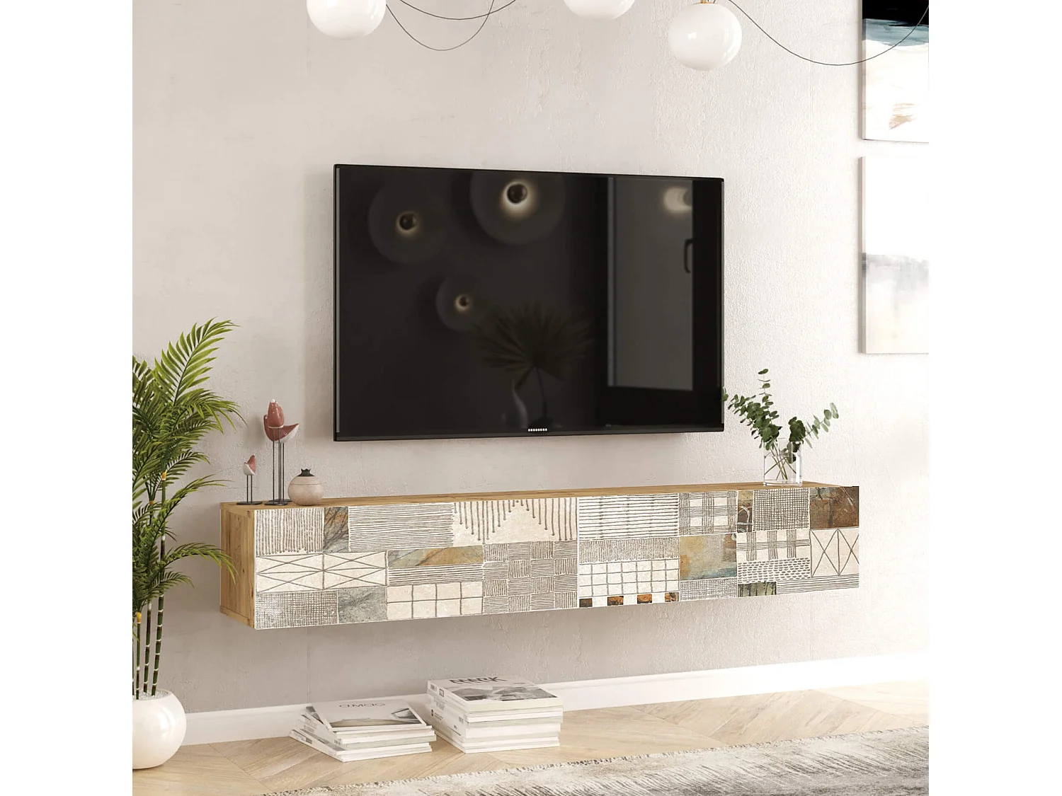 Meuble TV suspendu Rebecca Mobili Kasuri 29,5x180x31,5 Panneau de particules Chêne Clair Blanc Moderne