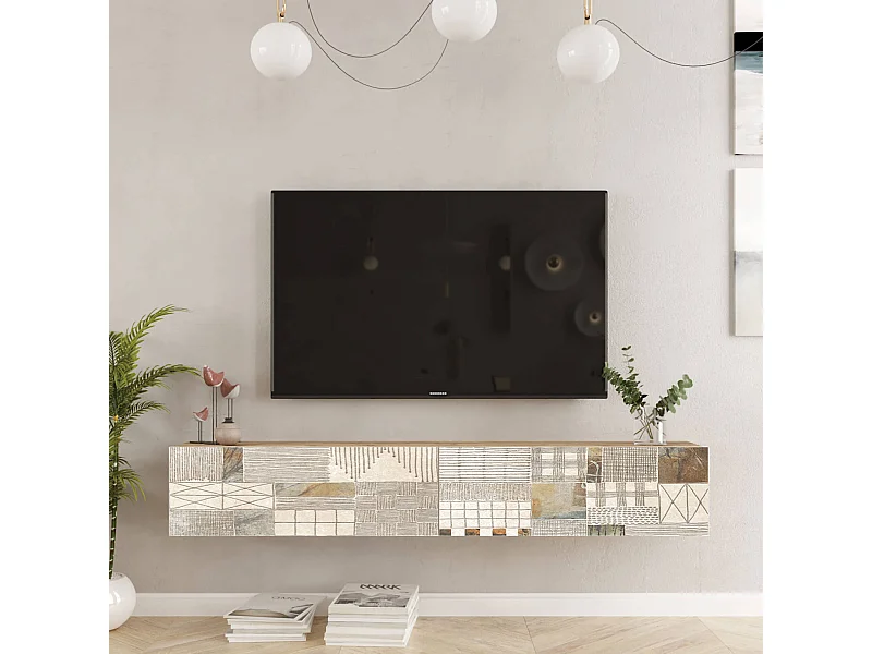 Mobile TV Sospeso Rebecca Mobili Kasuri 29,5x180x31,5 Truciolato Rovere Chiaro Bianco Moderno