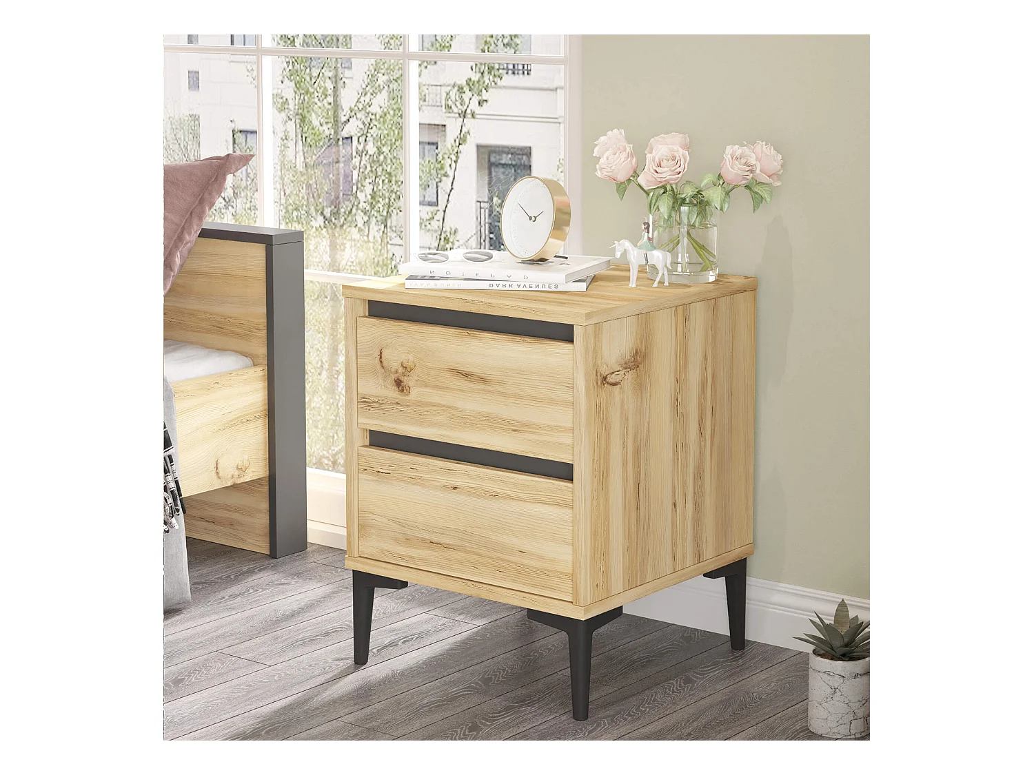 Table de nuit 2 tiroirs Rebecca Mobili Okwara 58,5x45x45 Panneau de particules PVC Chêne Clair Gris Foncé Moderne