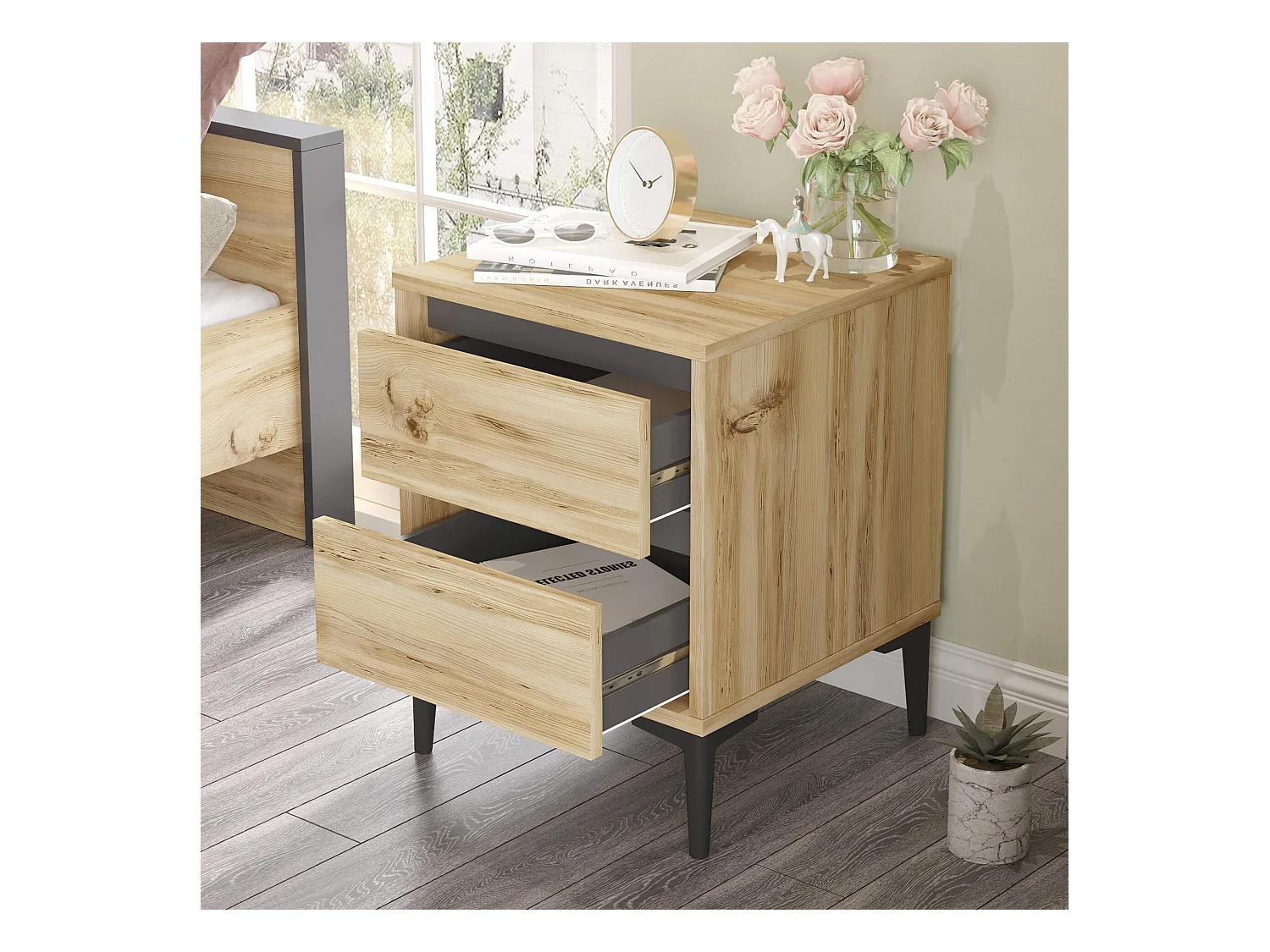 Table de nuit 2 tiroirs Rebecca Mobili Okwara 58,5x45x45 Panneau de particules PVC Chêne Clair Gris Foncé Moderne