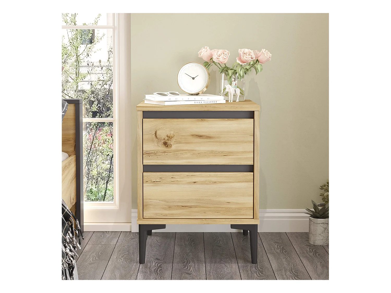 Comodino 2 Cassetti Rebecca Mobili Okwara 58,5x45x45 Truciolato PVC Rovere Chiaro Grigio Scuro Moderno