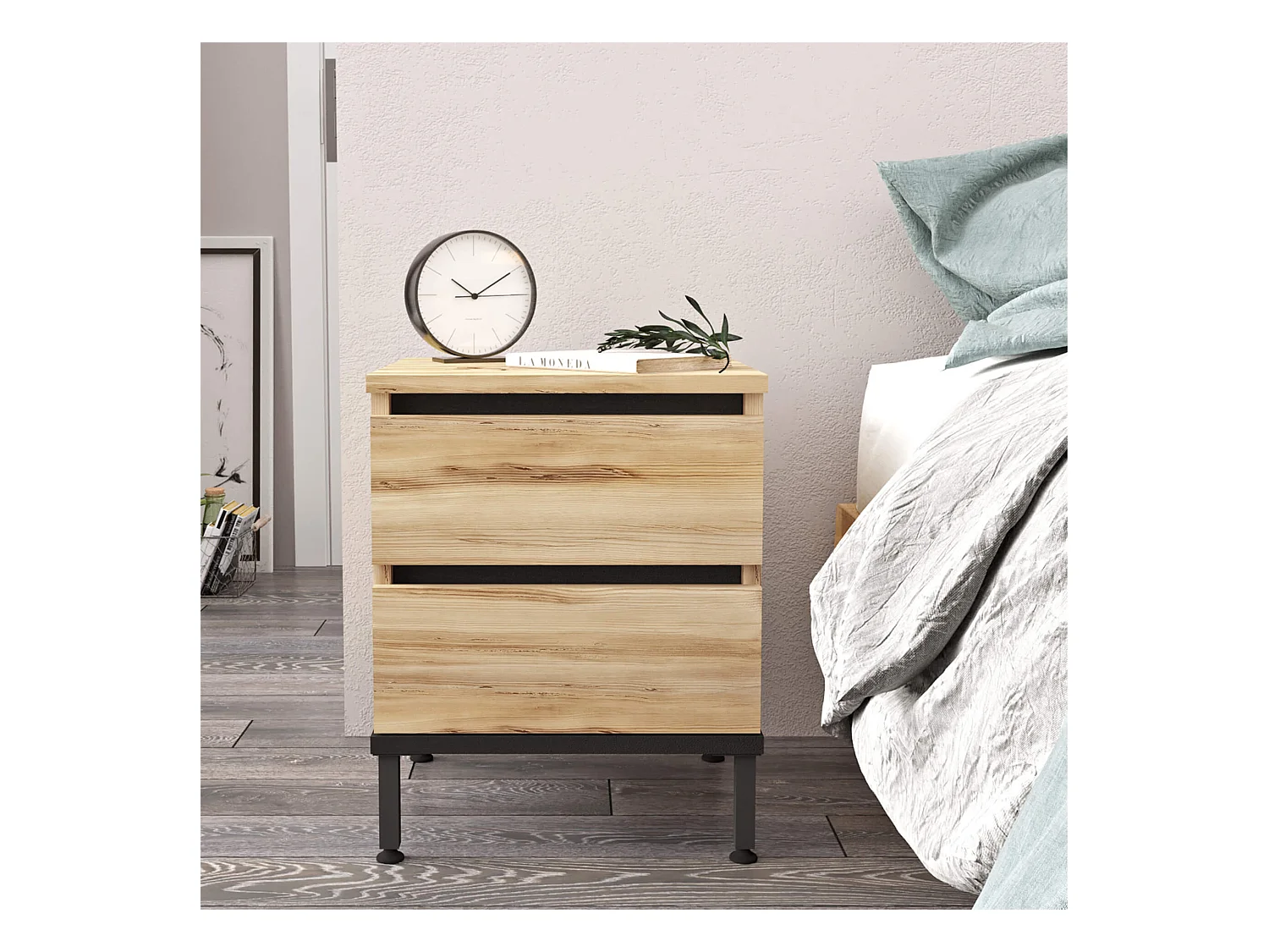 Table de nuit 2 tiroirs Rebecca Mobili Zatar 49x40x35,5 Panneau de particules Fer Chêne Clair Noir Moderne