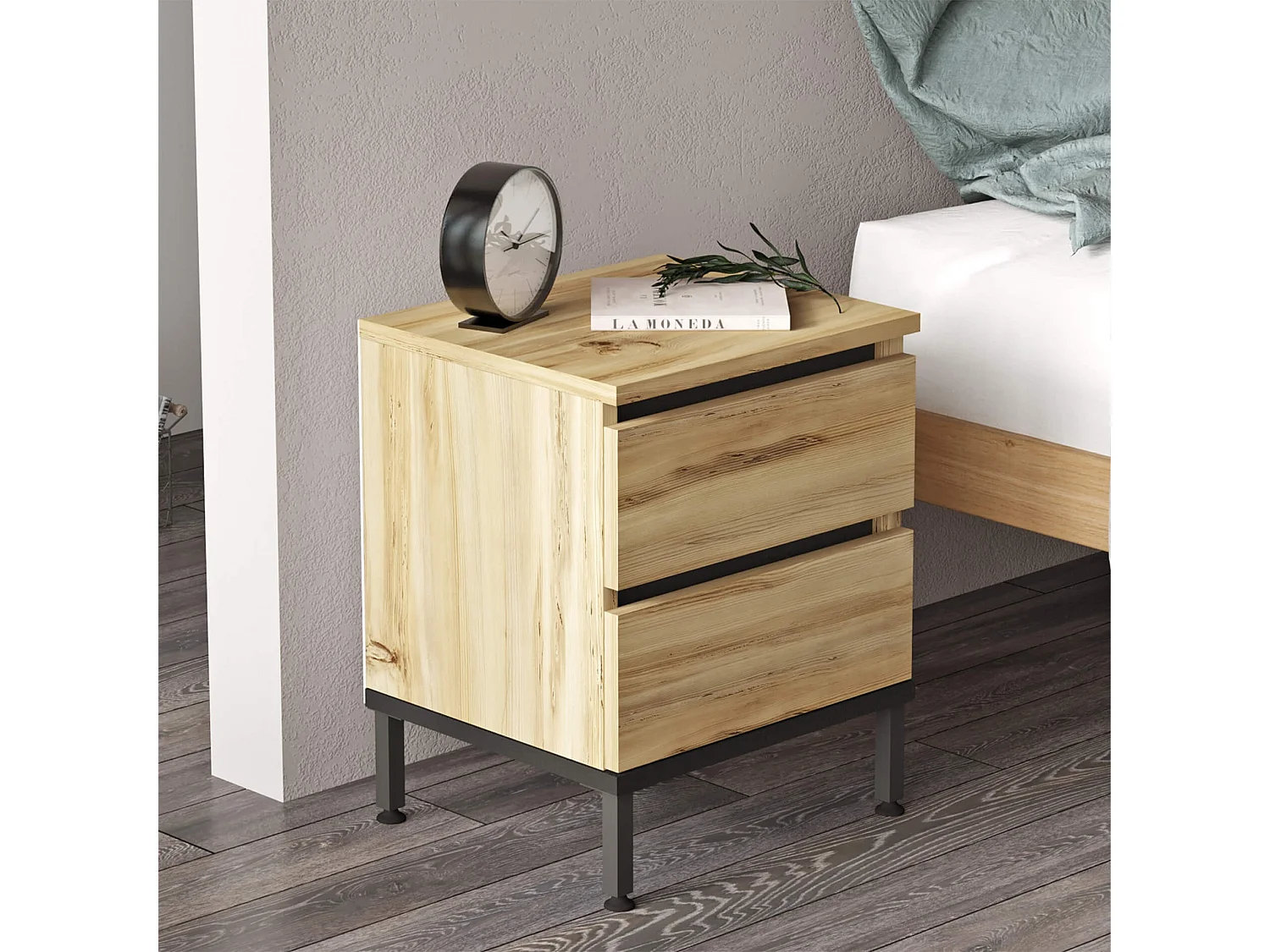 Table de nuit 2 tiroirs Rebecca Mobili Zatar 49x40x35,5 Panneau de particules Fer Chêne Clair Noir Moderne