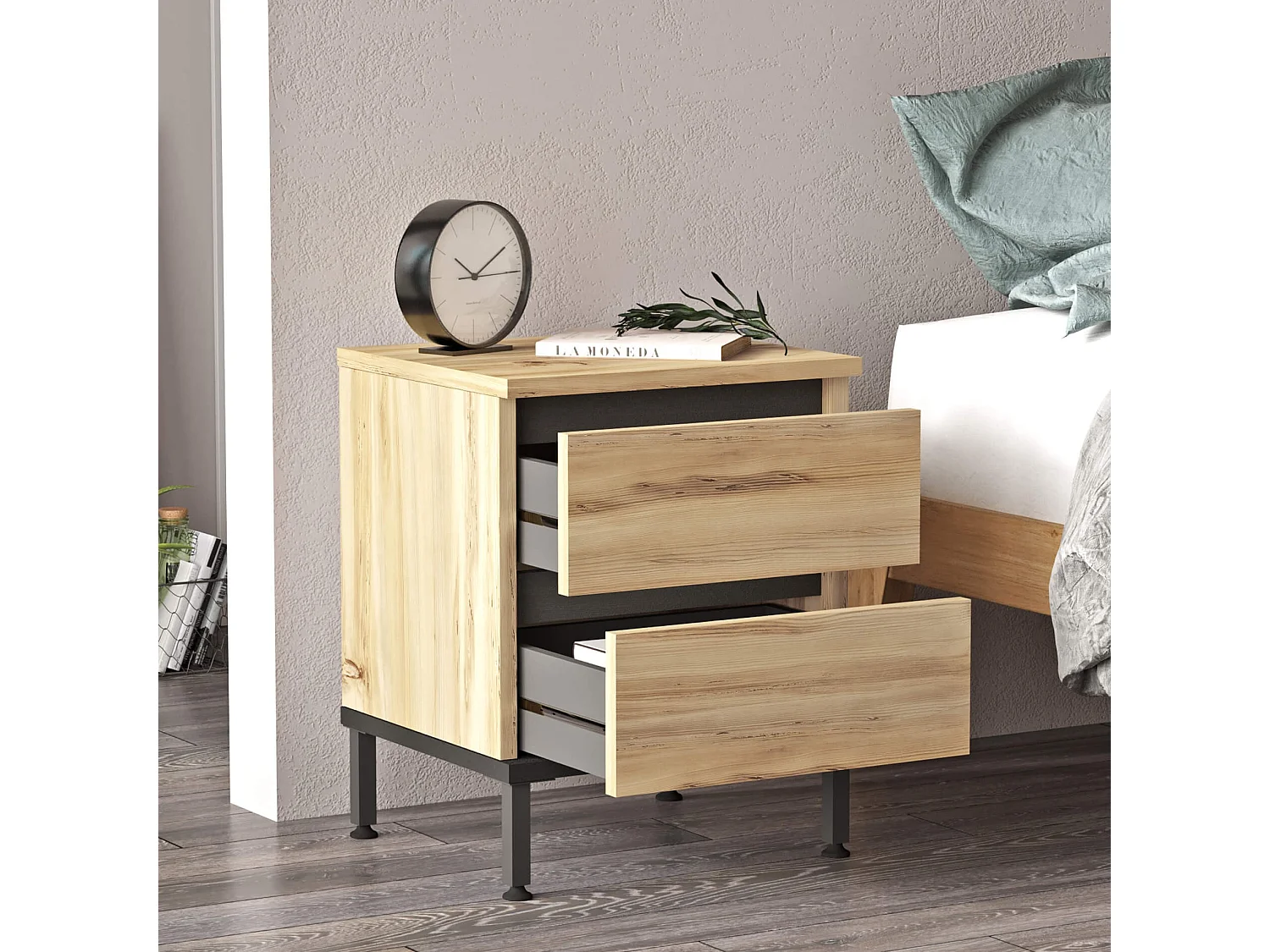 Table de nuit 2 tiroirs Rebecca Mobili Zatar 49x40x35,5 Panneau de particules Fer Chêne Clair Noir Moderne