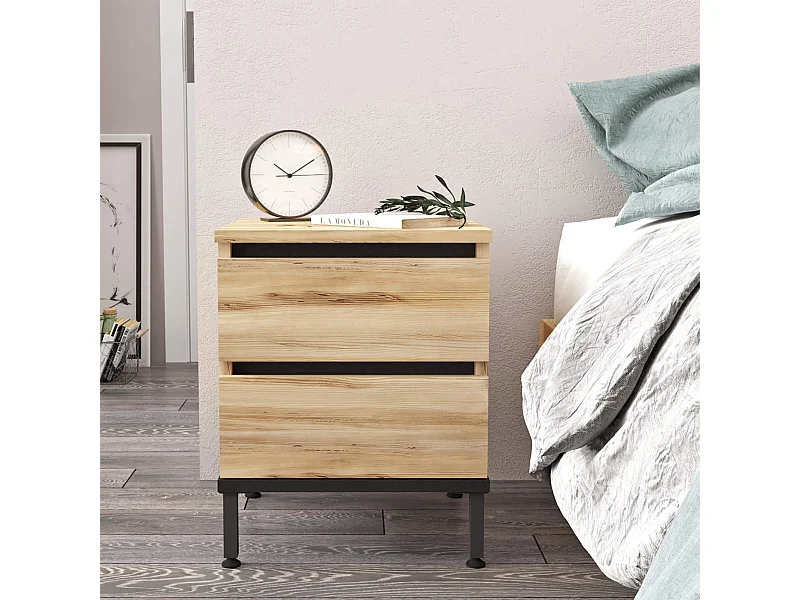 Comodino 2 Cassetti Rebecca Mobili Zatar 49x40x35,5 Truciolato Ferro Rovere Chiaro Nero Moderno