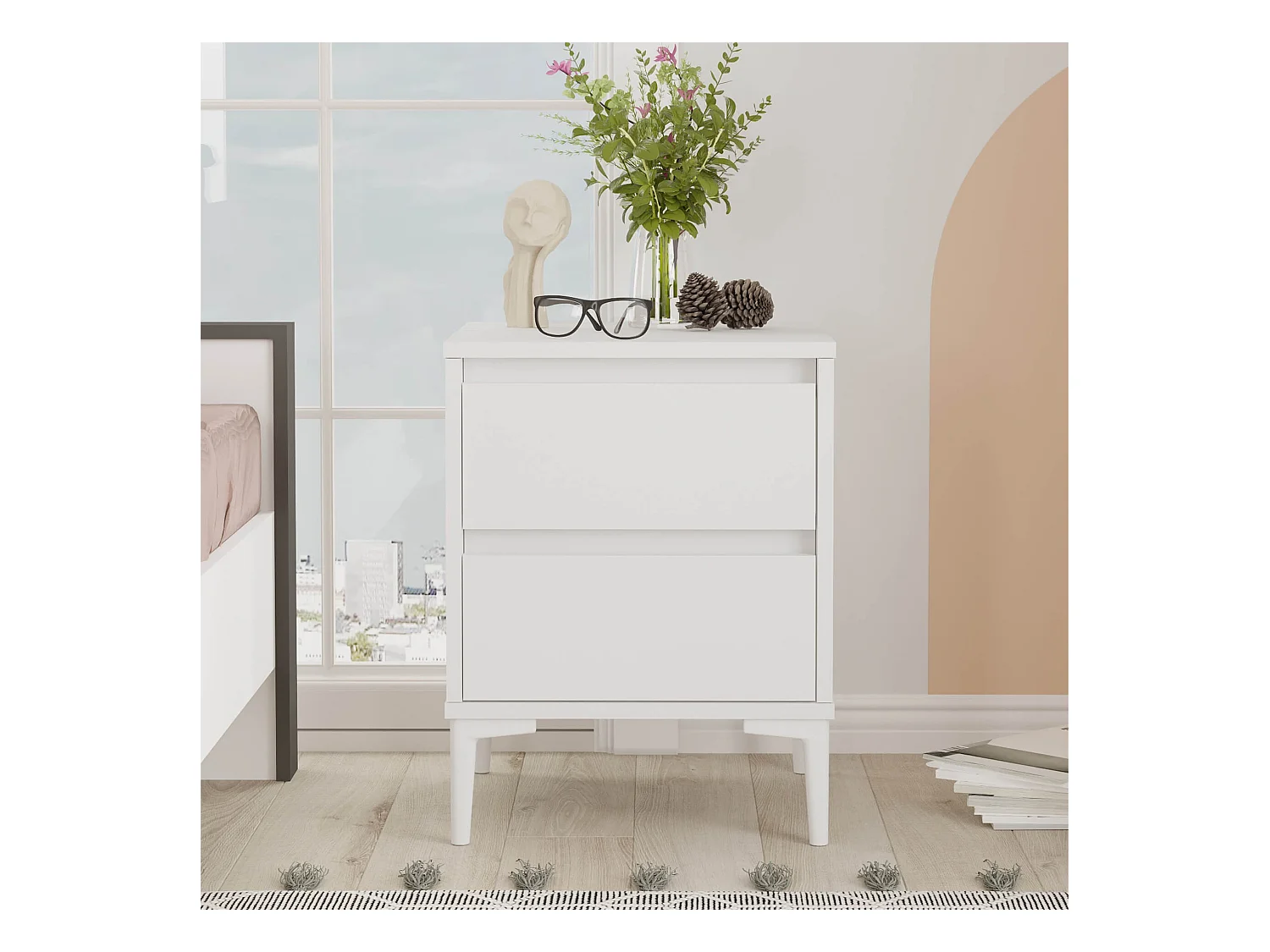 Table de nuit 2 tiroirs Rebecca Mobili Hayl 58,5x45x45 Panneau de particules PVC Blanc Moderne