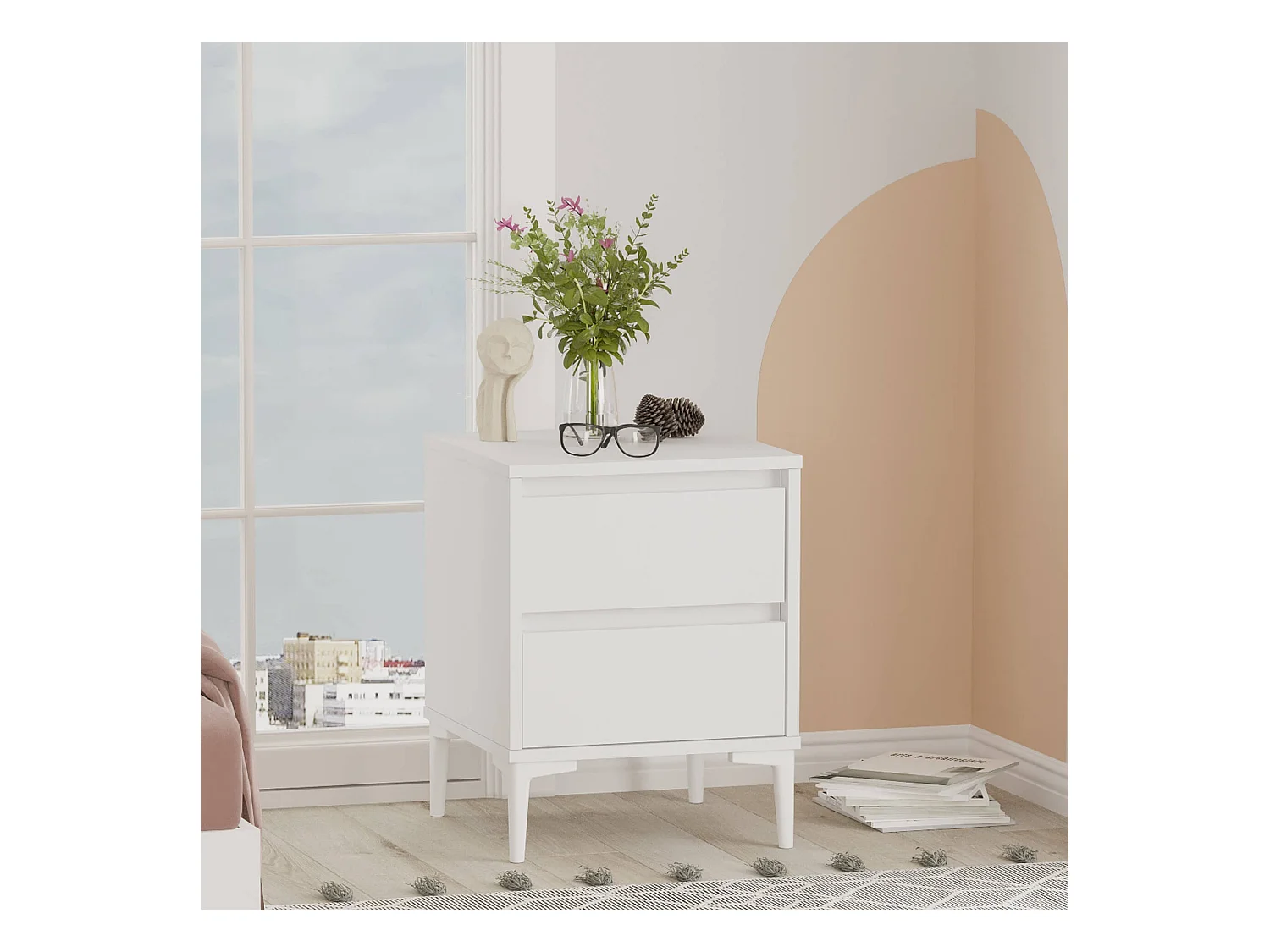 Table de nuit 2 tiroirs Rebecca Mobili Hayl 58,5x45x45 Panneau de particules PVC Blanc Moderne