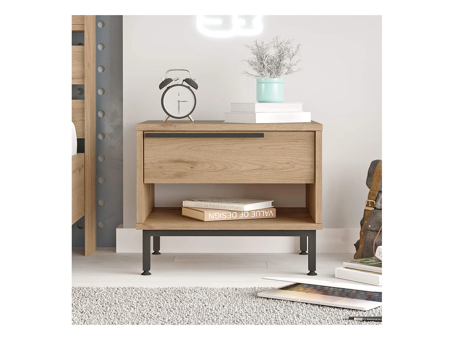 Table de nuit 1 tiroir Rebecca Mobili Jeera 53,5x42,5x44,5 Panneau de particules Fer Marron Gris Foncé Moderne