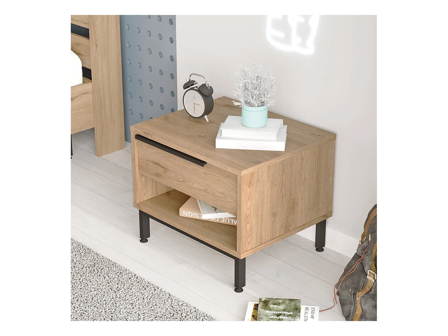 Table de nuit 1 tiroir Rebecca Mobili Jeera 53,5x42,5x44,5 Panneau de particules Fer Marron Gris Foncé Moderne