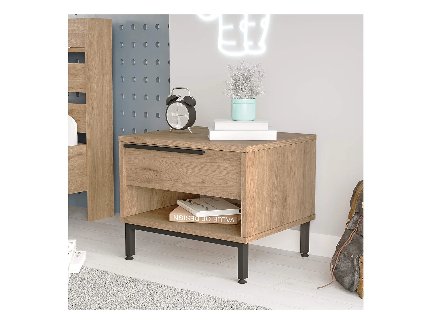 Table de nuit 1 tiroir Rebecca Mobili Jeera 53,5x42,5x44,5 Panneau de particules Fer Marron Gris Foncé Moderne