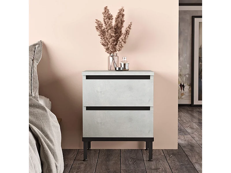 Comodino 2 Cassetti Rebecca Mobili Sankaran 49x40x35,5 Truciolato Ferro Grigio Pietra Nero Moderno