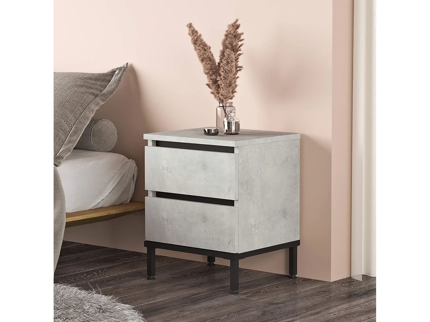 Table de nuit 2 tiroirs Rebecca Mobili Sankaran 49x40x35,5 Panneau de particules Fer Gris Pierre Noir Moderne