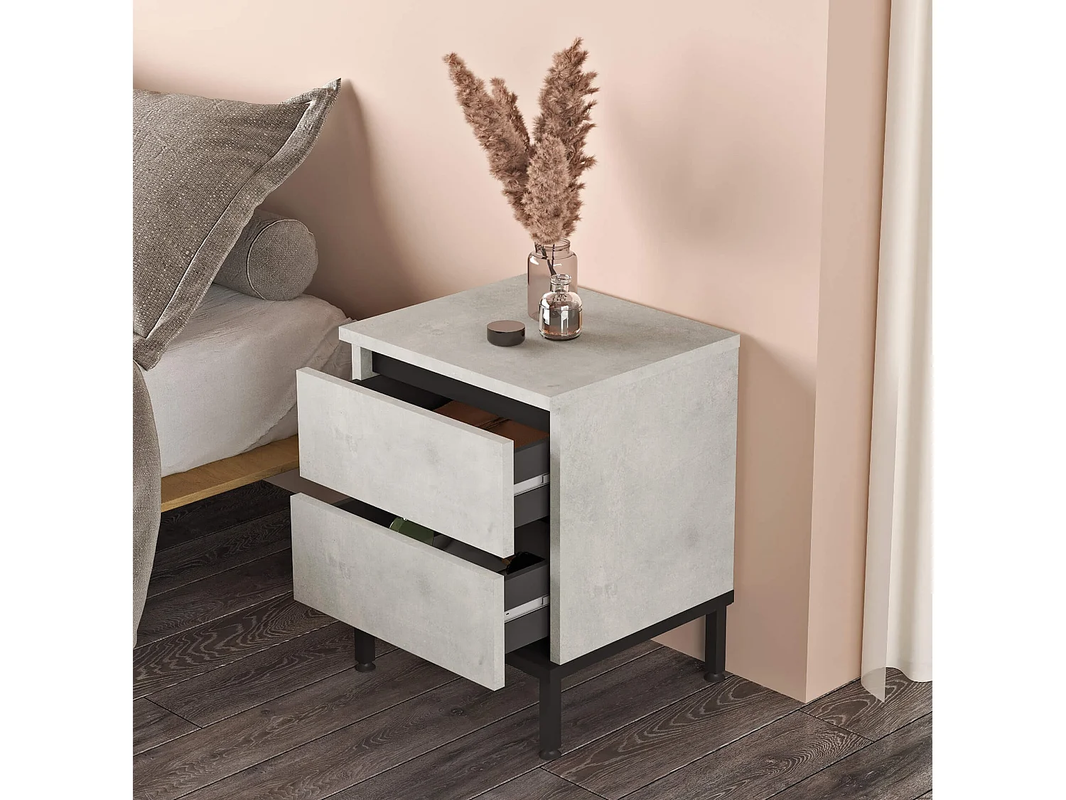 Table de nuit 2 tiroirs Rebecca Mobili Sankaran 49x40x35,5 Panneau de particules Fer Gris Pierre Noir Moderne