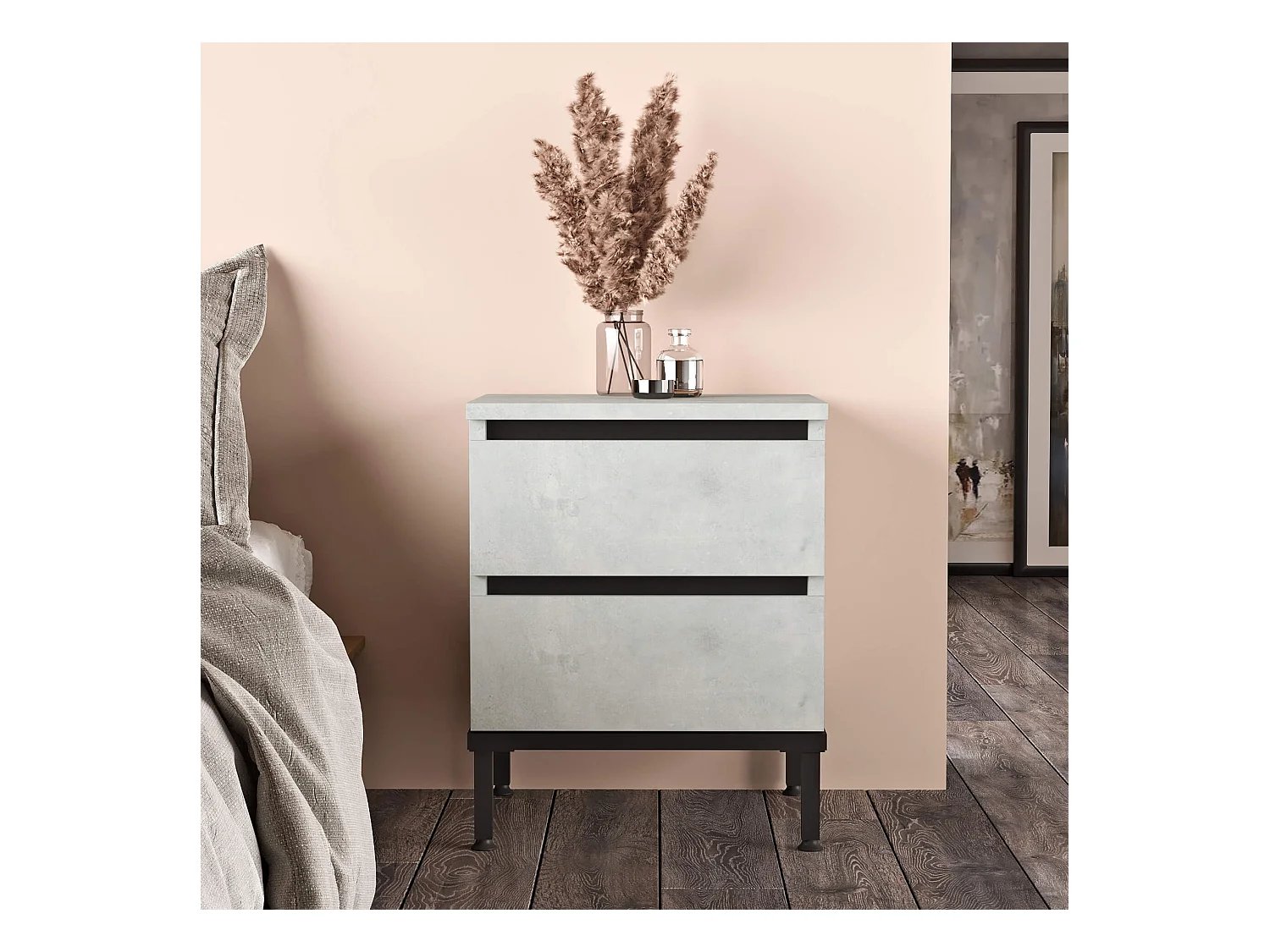 Comodino 2 Cassetti Rebecca Mobili Sankaran 49x40x35,5 Truciolato Ferro Grigio Pietra Nero Moderno