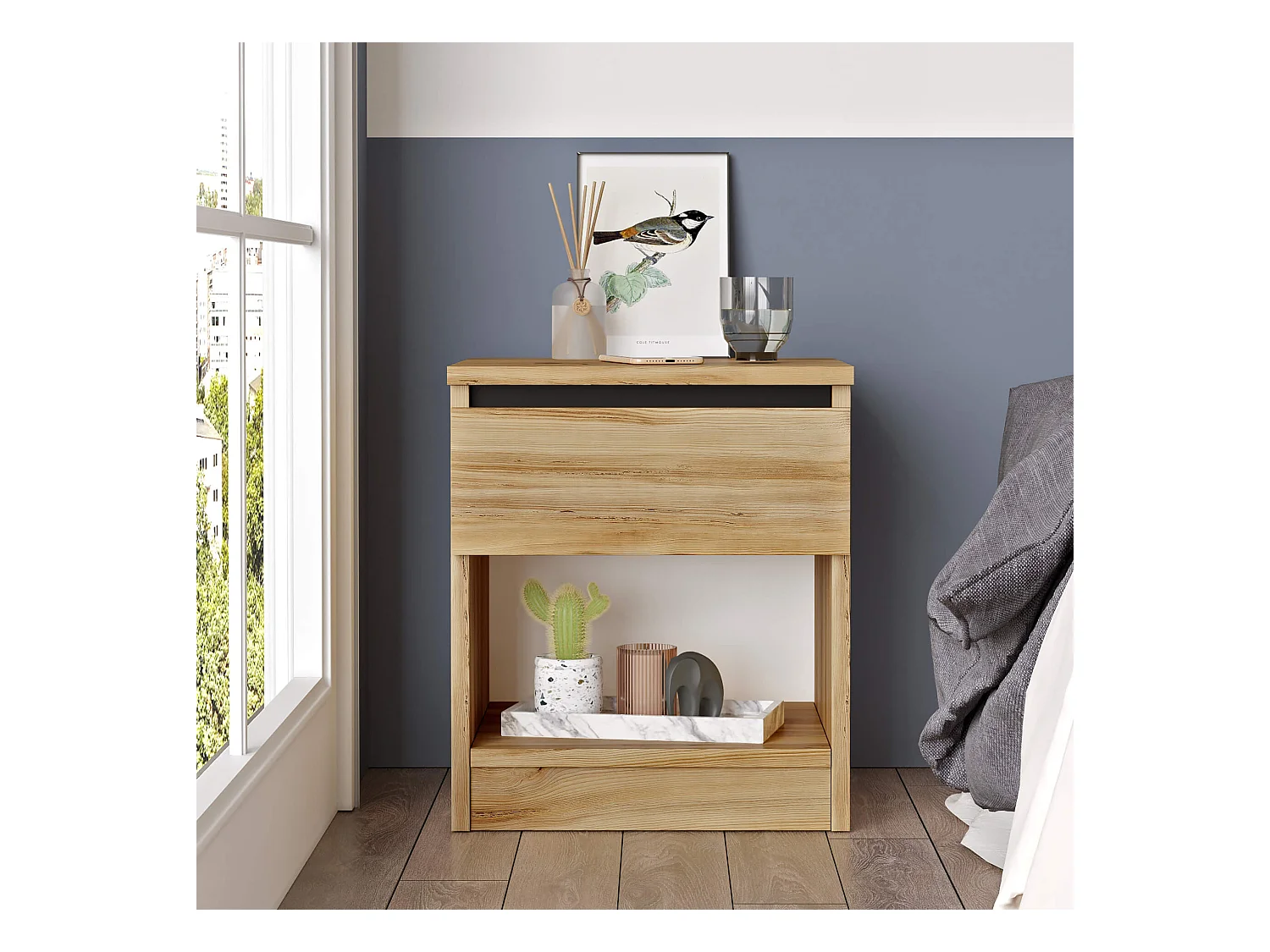 Table de nuit 1 tiroir Rebecca Mobili Marzeh 46,5x40x35,5 Panneau de particules Chêne Clair Moderne