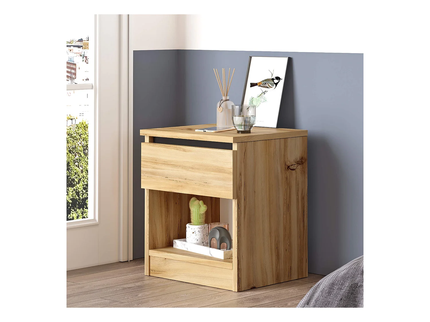 Table de nuit 1 tiroir Rebecca Mobili Marzeh 46,5x40x35,5 Panneau de particules Chêne Clair Moderne