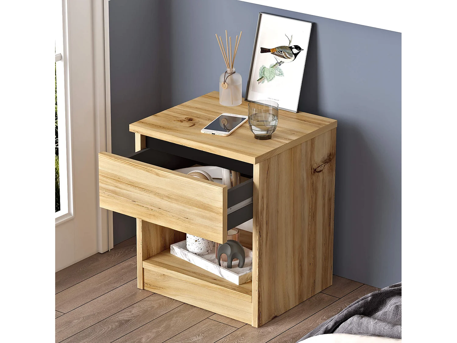 Table de nuit 1 tiroir Rebecca Mobili Marzeh 46,5x40x35,5 Panneau de particules Chêne Clair Moderne