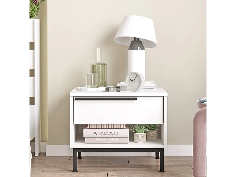 Comodino 1 Cassetto Rebecca Mobili Sabbar 53,5x42,5x44,5 Truciolato Ferro Bianco Grigio Scuro Moderno