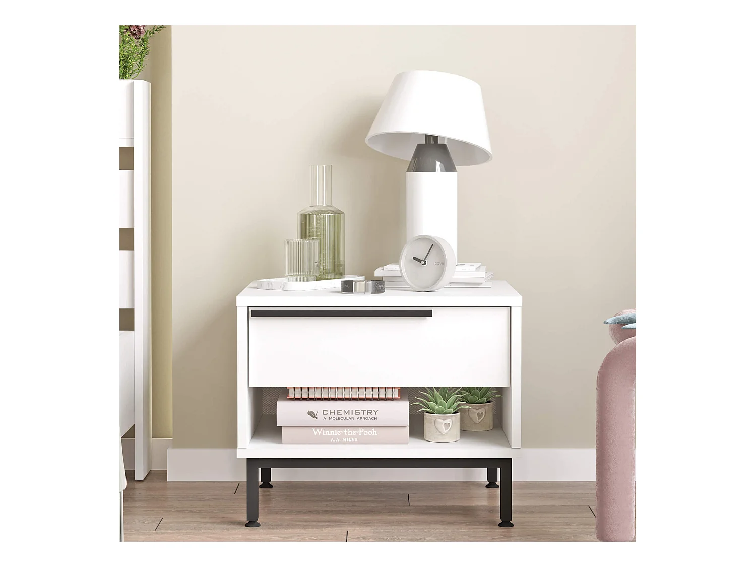 Table de nuit 1 tiroir Rebecca Mobili Sabbar 53,5x42,5x44,5 Panneau de particules Fer Blanc Gris Foncé Moderne