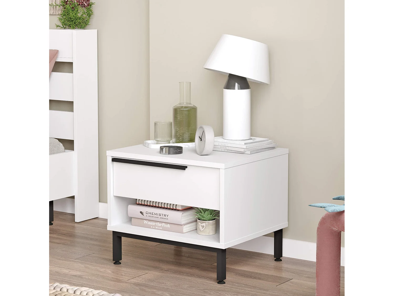 Table de nuit 1 tiroir Rebecca Mobili Sabbar 53,5x42,5x44,5 Panneau de particules Fer Blanc Gris Foncé Moderne