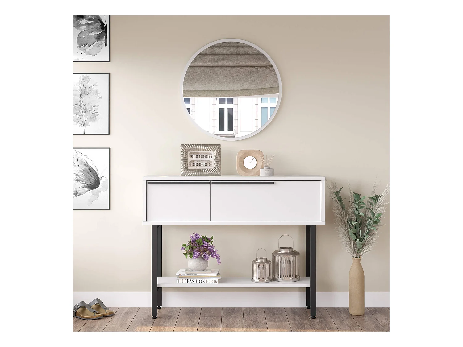 Console avec miroir Rebecca Mobili Dudhal 76x100x29,5 Panneau de particules Fer Blanc Gris Foncé Moderne