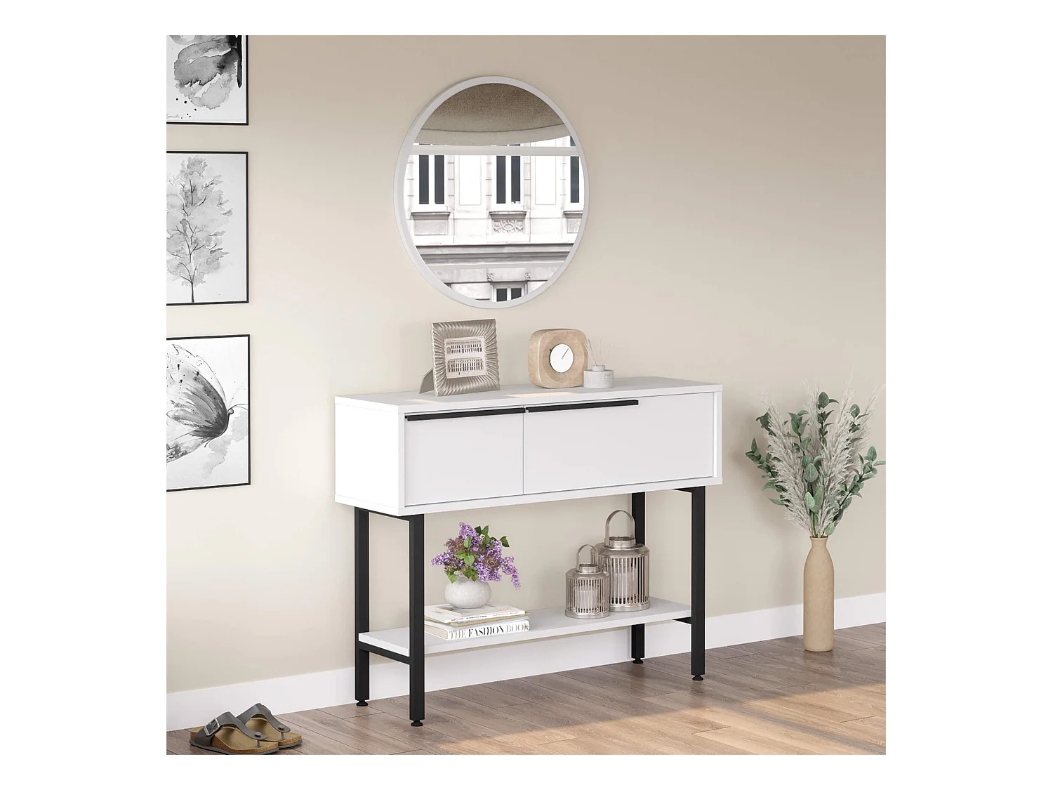Console avec miroir Rebecca Mobili Dudhal 76x100x29,5 Panneau de particules Fer Blanc Gris Foncé Moderne