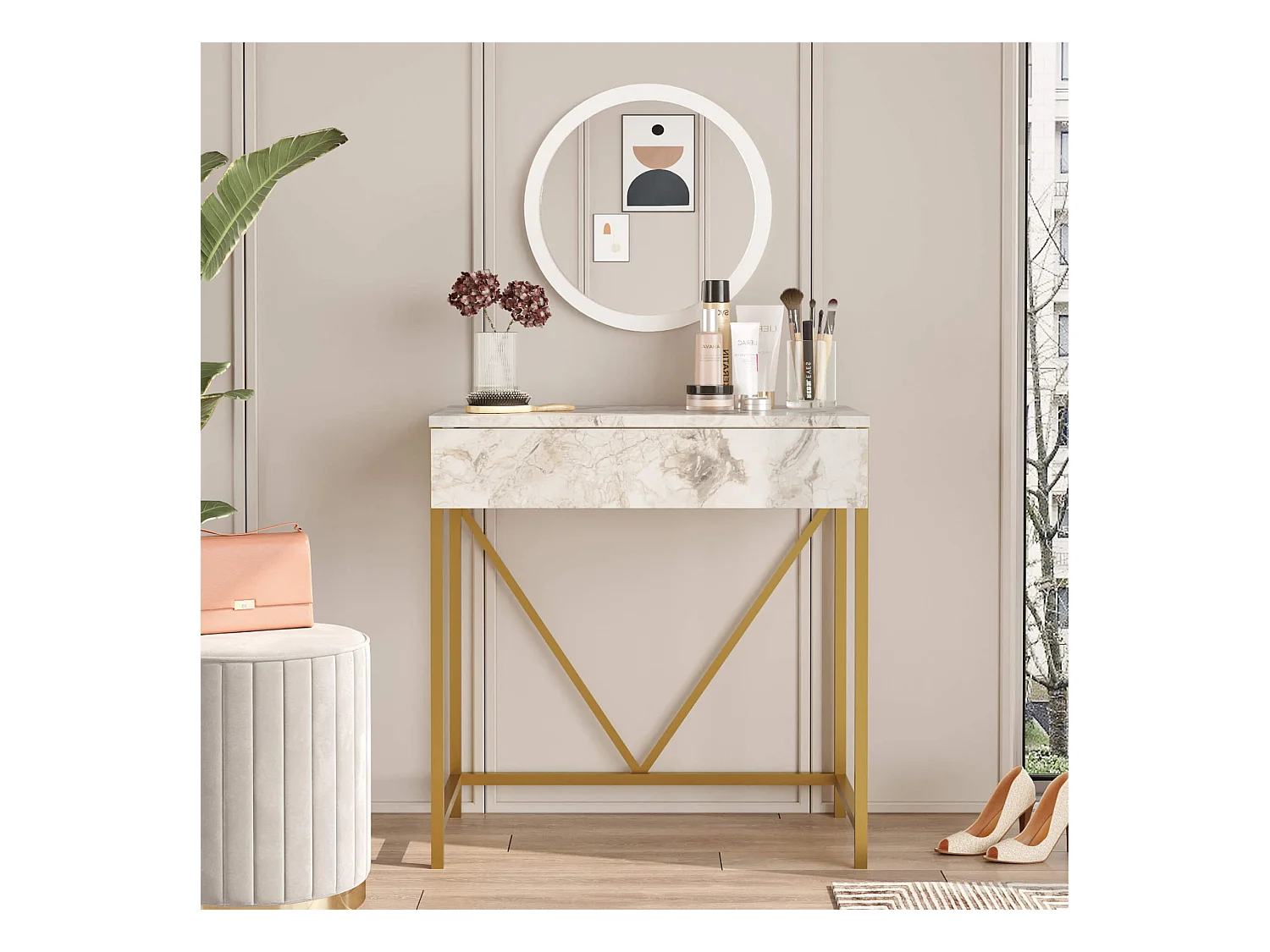 Consolle con Specchio Rebecca Mobili Lycium 72x75x40 Truciolato Ferro Bianco Dorato Moderno