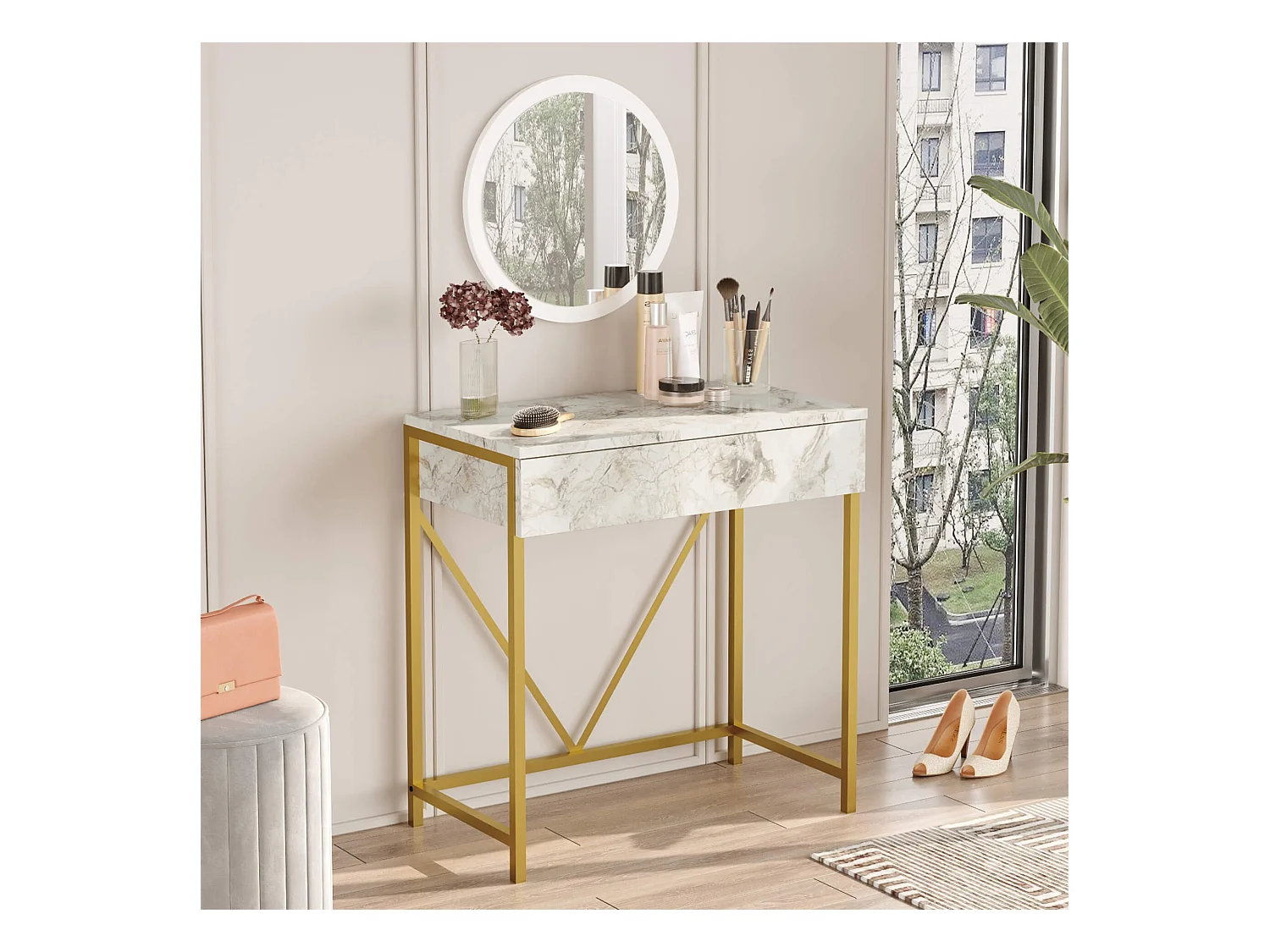 Consolle con Specchio Rebecca Mobili Lycium 72x75x40 Truciolato Ferro Bianco Dorato Moderno