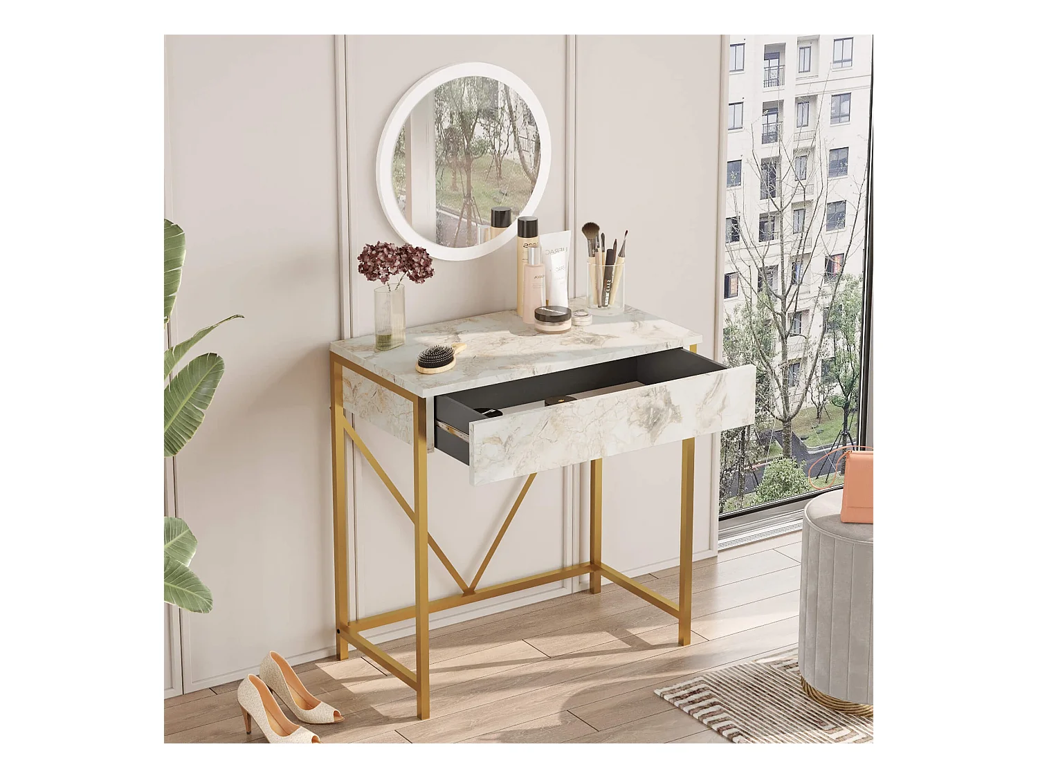 Consolle con Specchio Rebecca Mobili Lycium 72x75x40 Truciolato Ferro Bianco Dorato Moderno