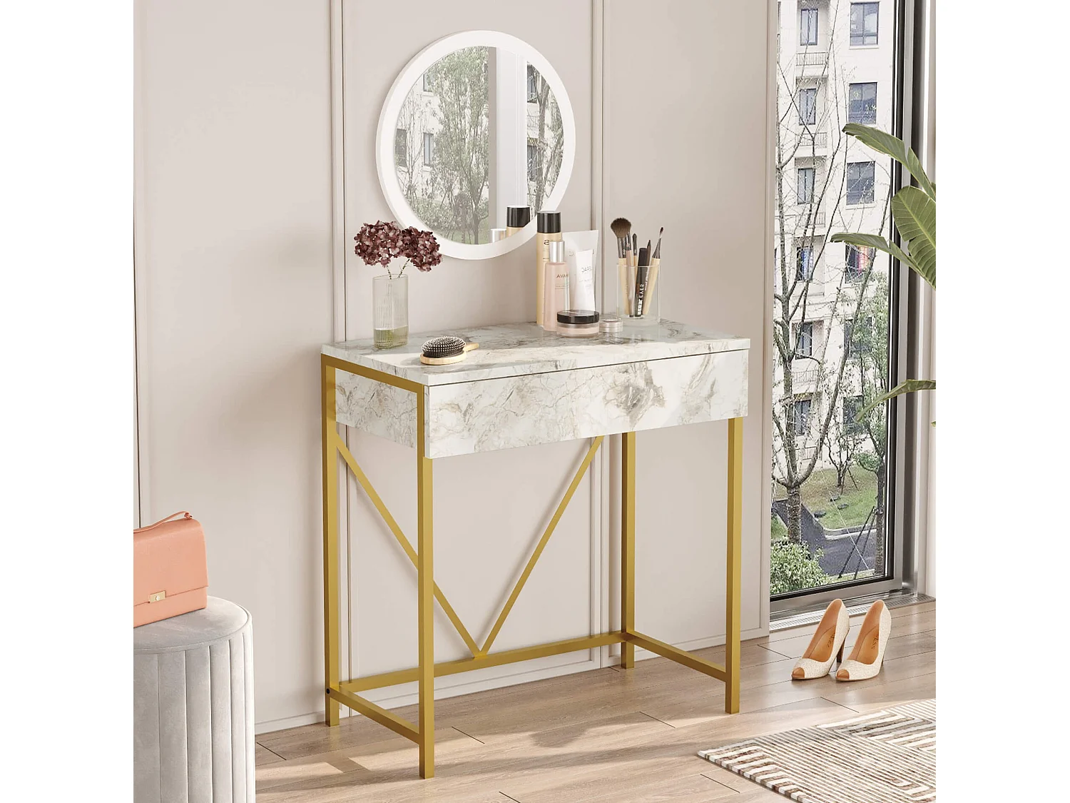 Console avec miroir Rebecca Mobili Lycium 72x75x40 Panneau de particules Fer Blanc Doré Moderne
