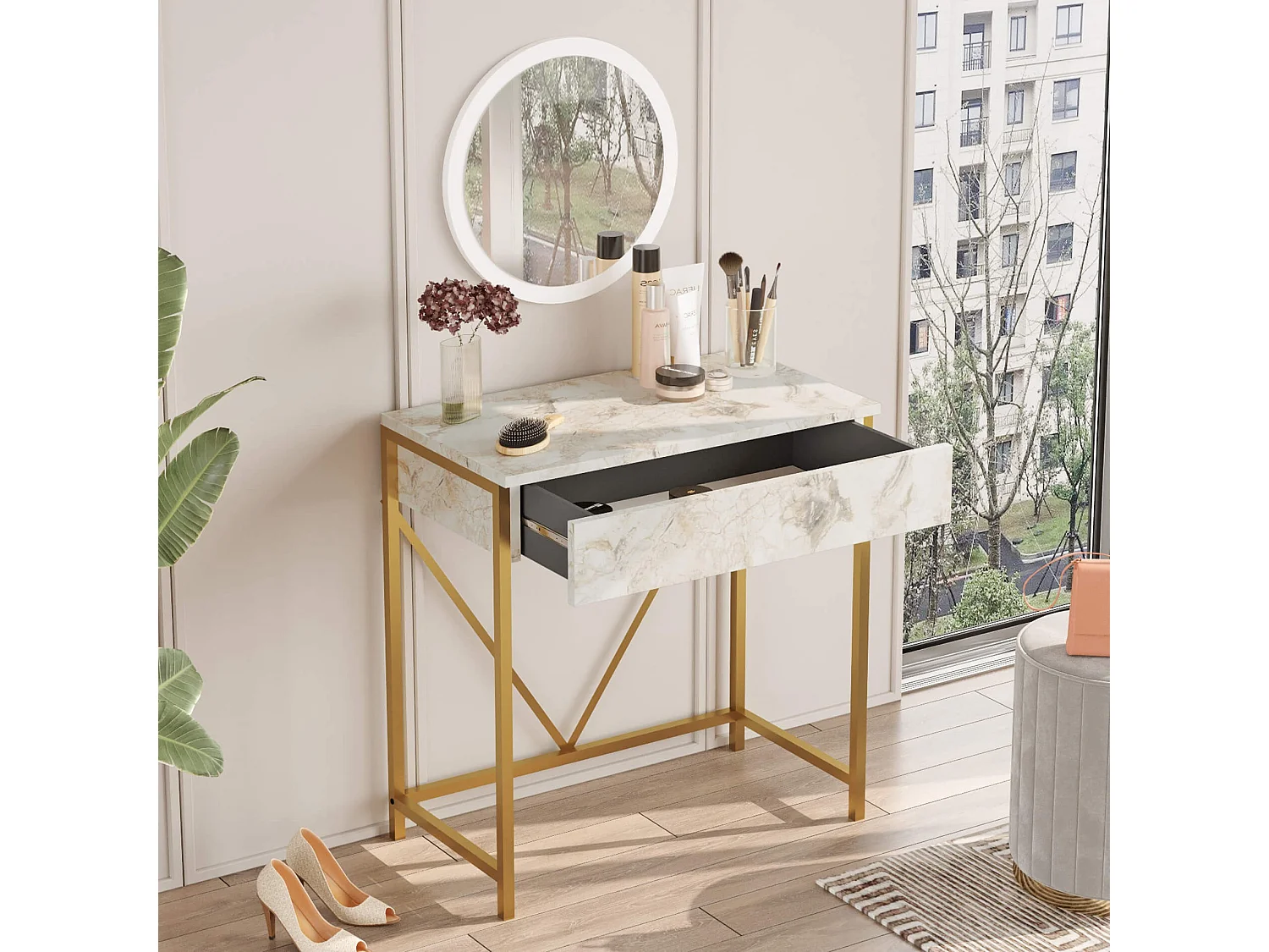 Console avec miroir Rebecca Mobili Lycium 72x75x40 Panneau de particules Fer Blanc Doré Moderne