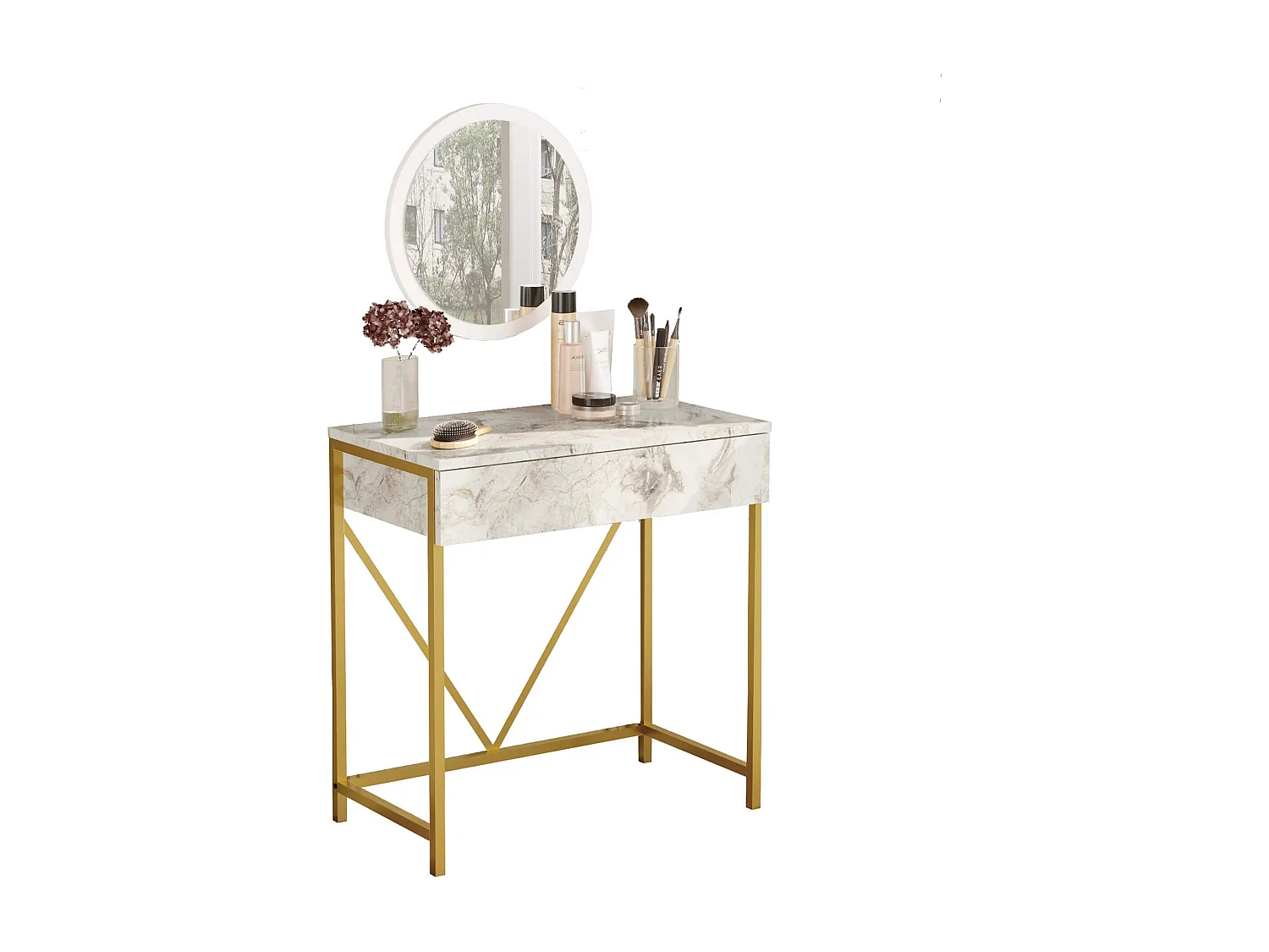 Console avec miroir Rebecca Mobili Lycium 72x75x40 Panneau de particules Fer Blanc Doré Moderne