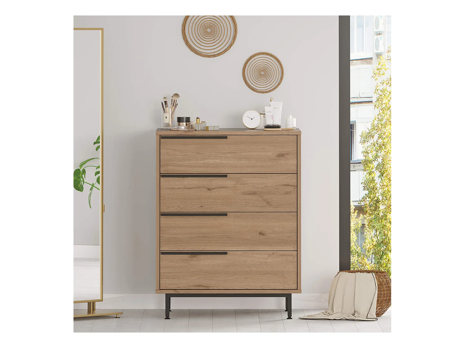 Commode 4 tiroirs Rebecca Mobili Maguey 95x75x44,5 Panneau de particules Fer Marron Gris Foncé Moderne