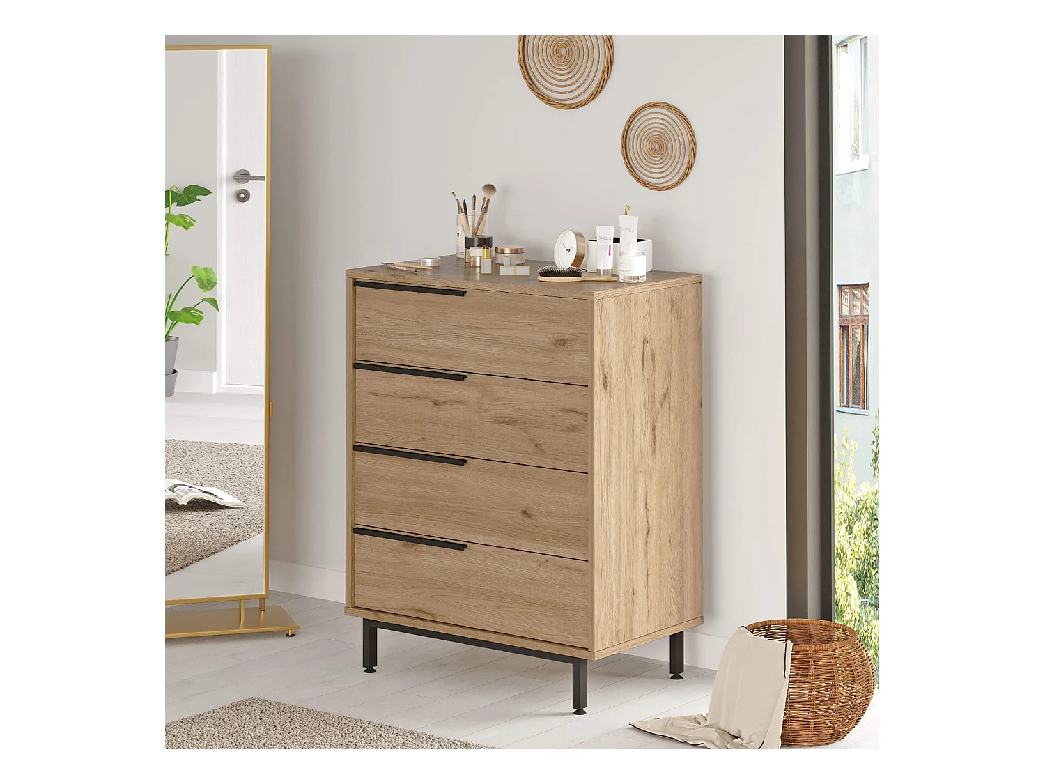 Commode 4 tiroirs Rebecca Mobili Maguey 95x75x44,5 Panneau de particules Fer Marron Gris Foncé Moderne