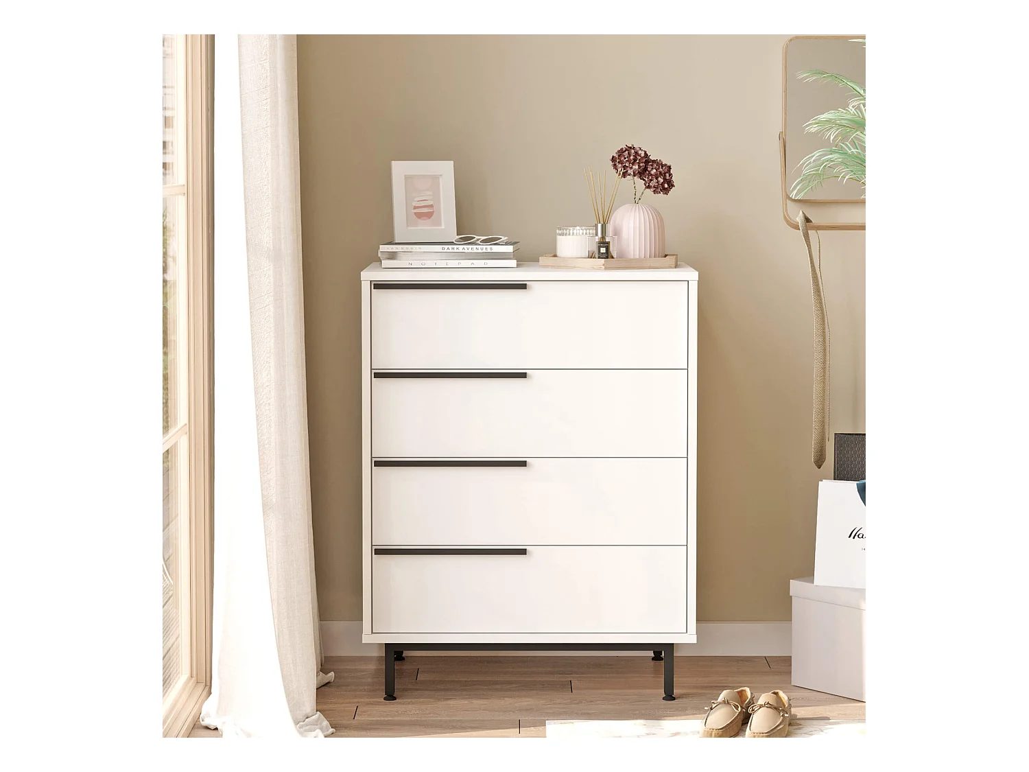 Commode 4 tiroirs Rebecca Mobili Vahona 95x75x44,5 Panneau de particules Fer Blanc Gris Foncé Moderne