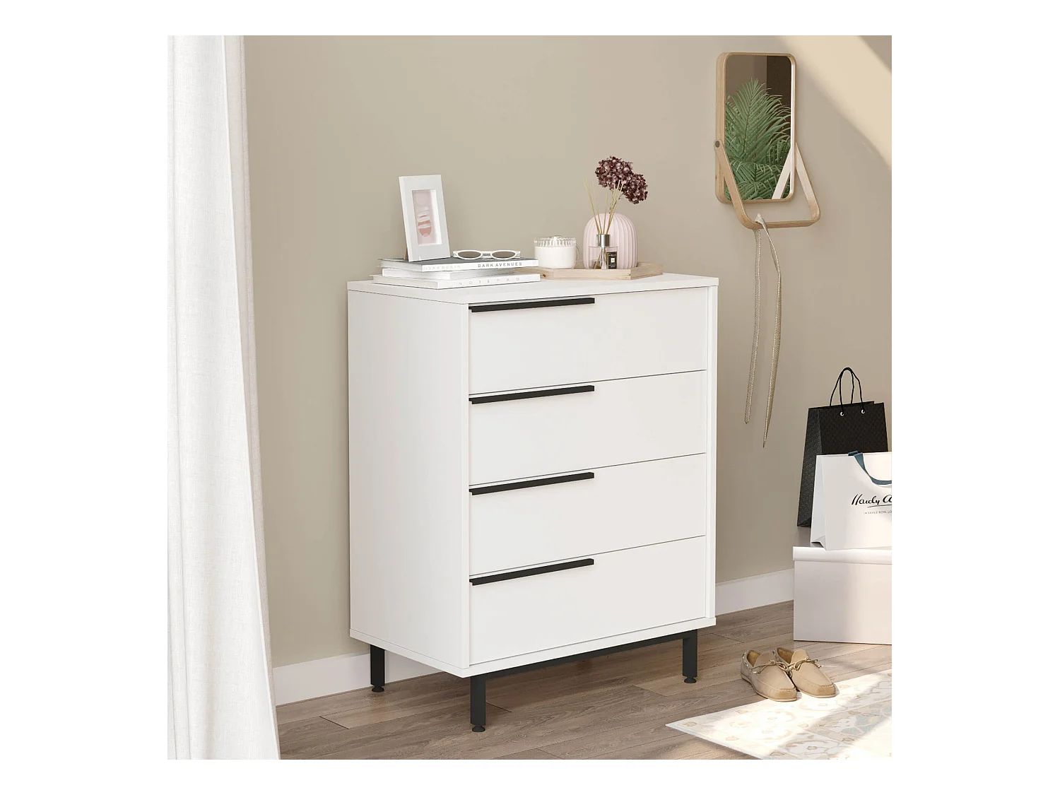 Commode 4 tiroirs Rebecca Mobili Vahona 95x75x44,5 Panneau de particules Fer Blanc Gris Foncé Moderne