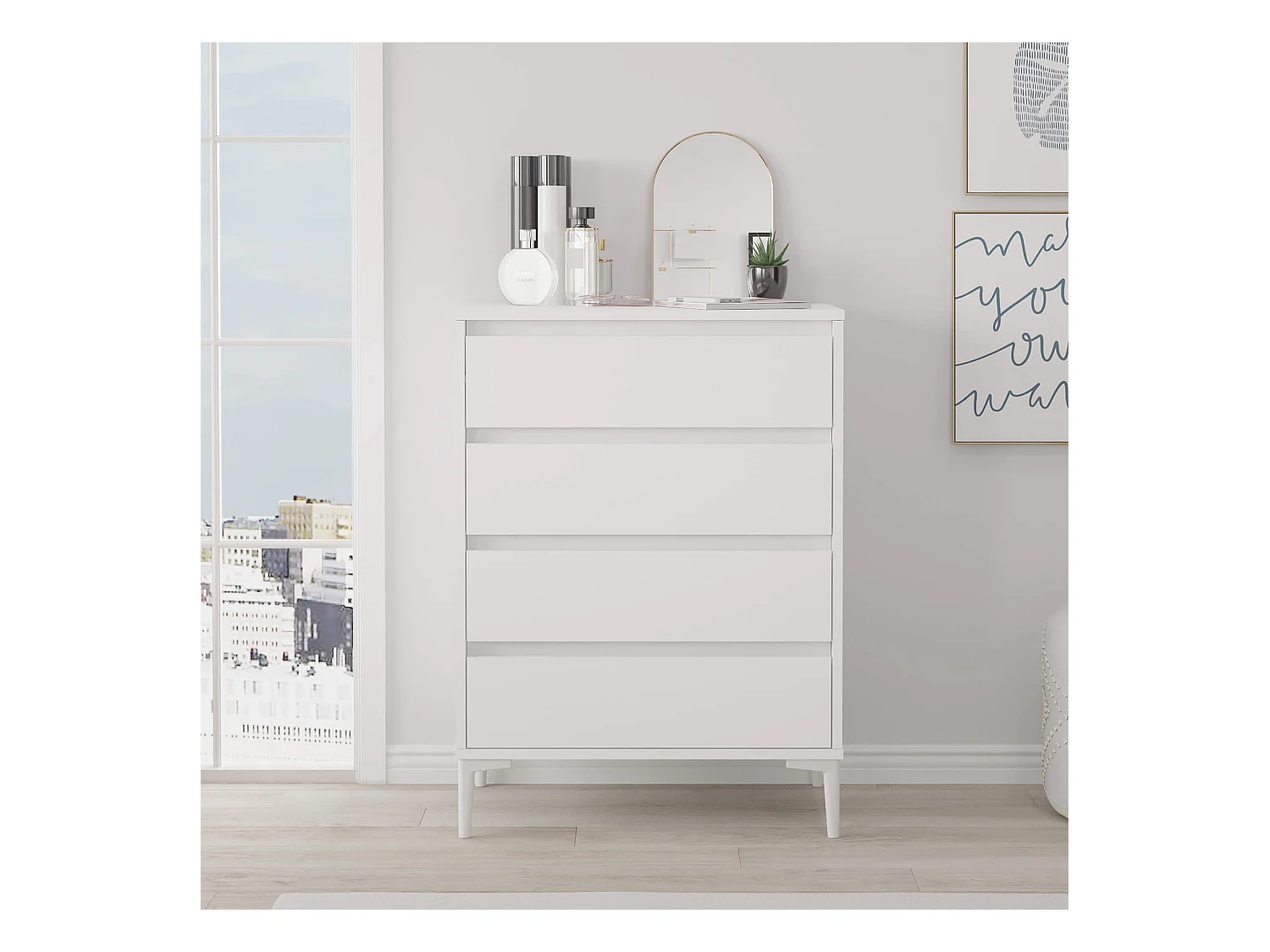 Commode 4 tiroirs Rebecca Mobili Kemiri 98,5x72x45 Panneau de particules PVC Blanc Moderne