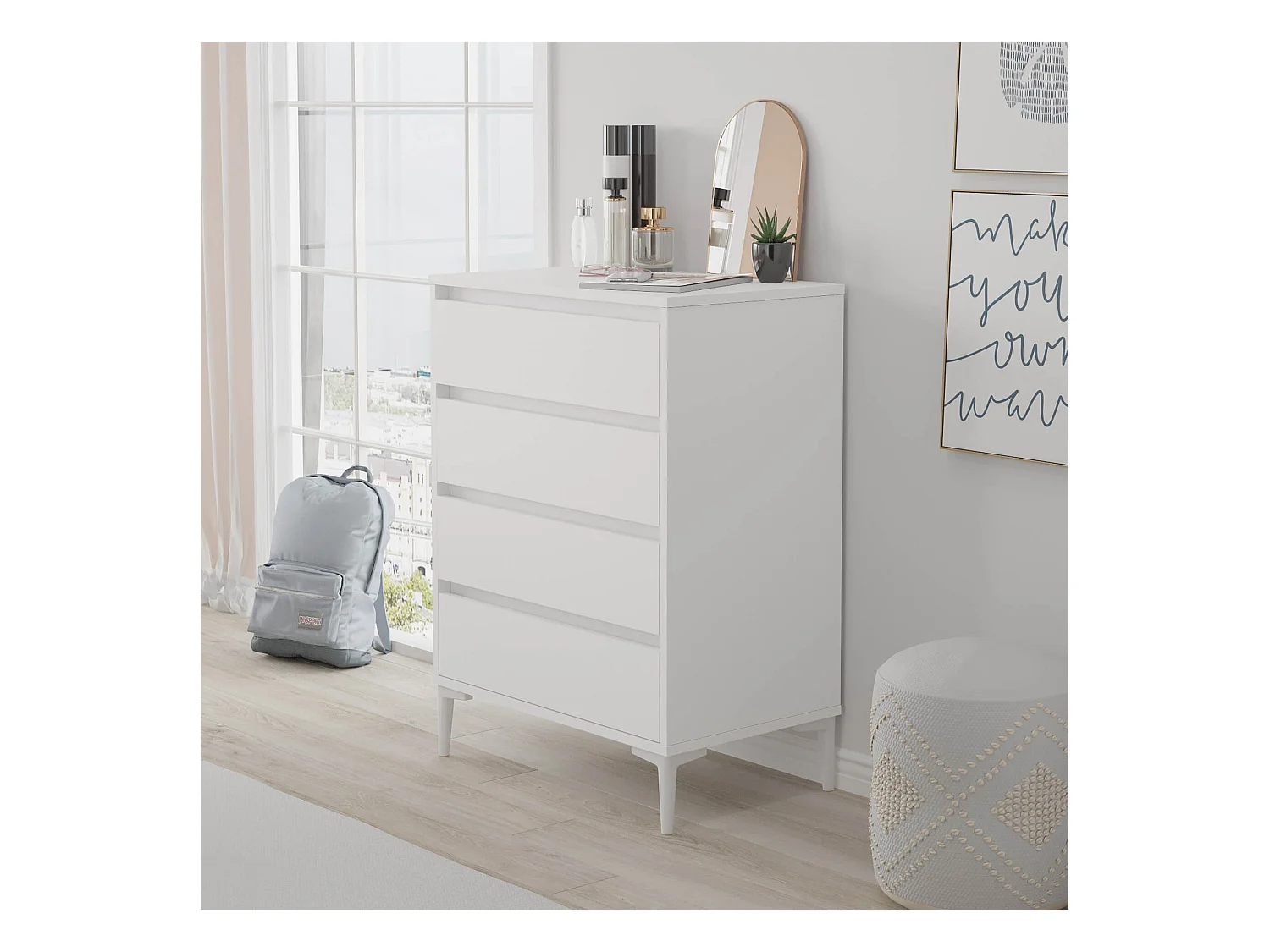 Commode 4 tiroirs Rebecca Mobili Kemiri 98,5x72x45 Panneau de particules PVC Blanc Moderne