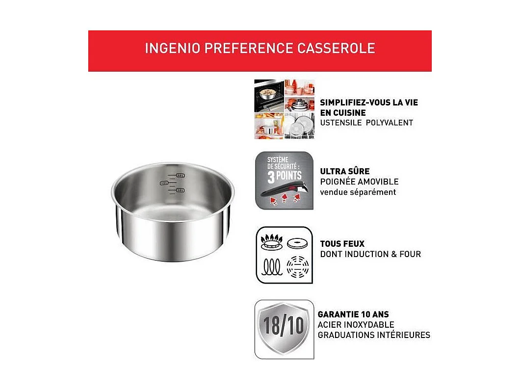 TEFAL INGENIO Preference Casserole 20 cm, Induction, Inox, Empilable, Compatible lave-vaisselle L8983004